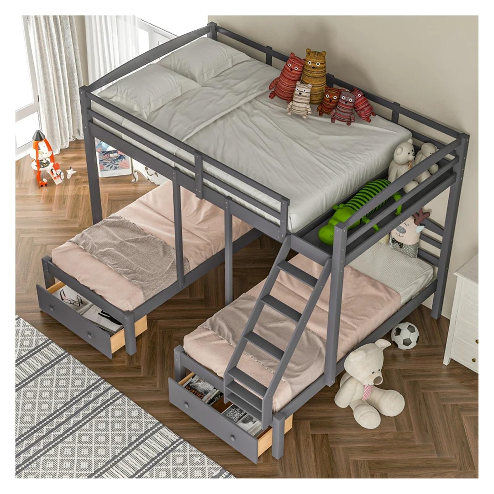 Triple Bunk Bed with Storage Drawers Grey