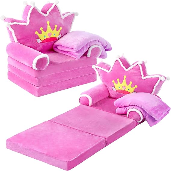 Kids Couch 2 in 1 Toddler Couch Fold Out with Flannel Blanket Set