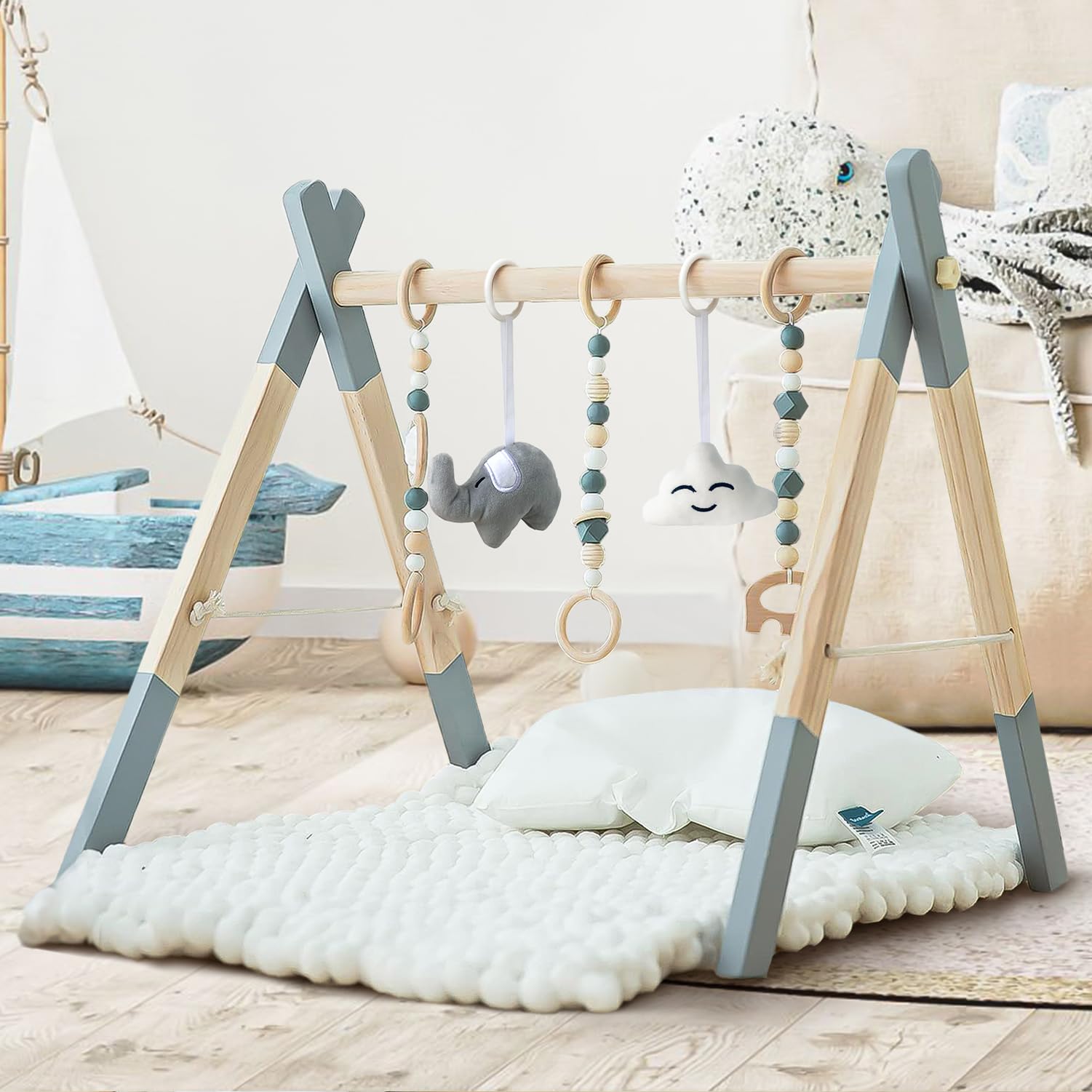 Wooden Foldable Baby Play Gym with Activity Toys