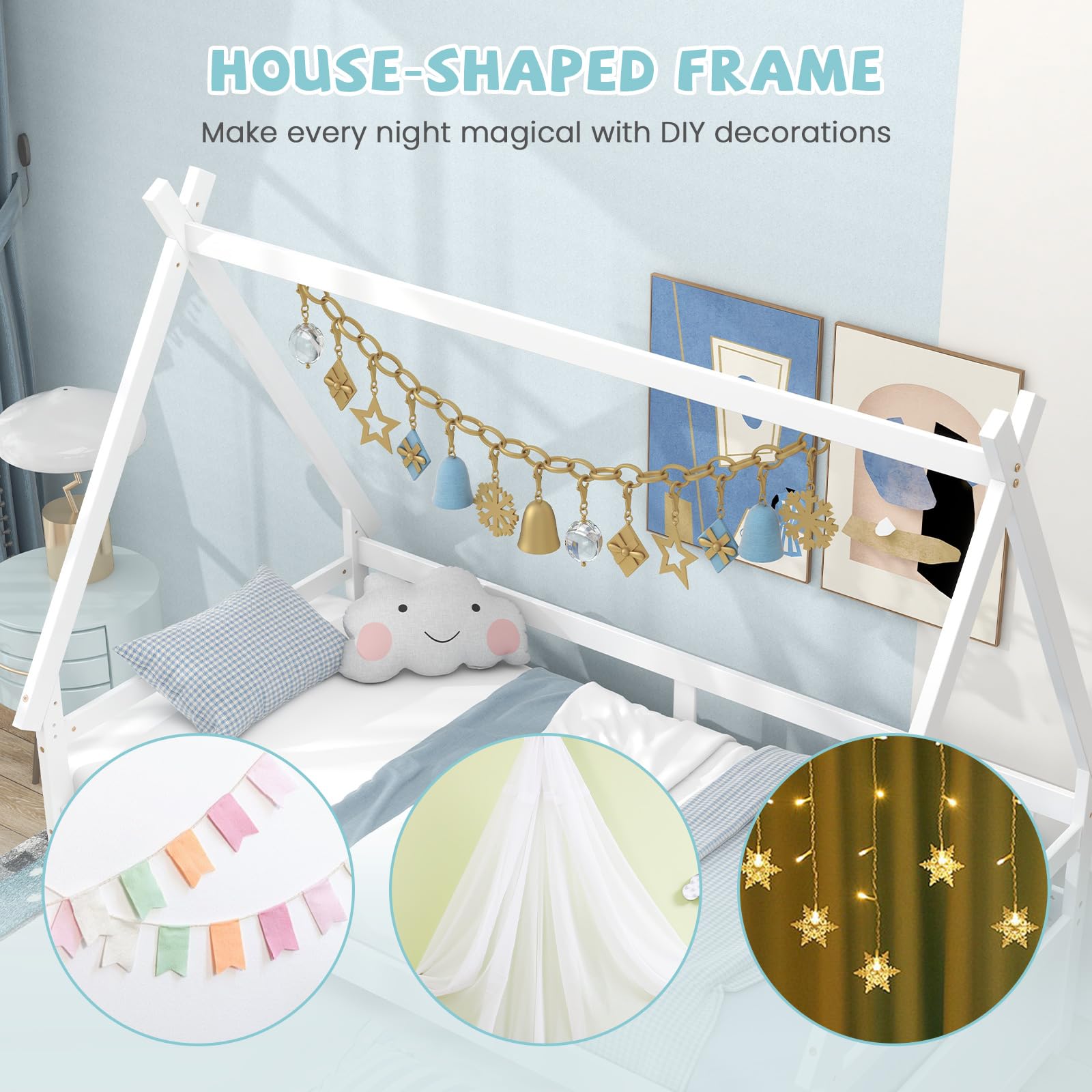 Giantex House Bed with Trundle Twin, Wood Montessori Bed Frame with Safety Guardrail, Low Kids Teepee Bed for Boys Girls Teens, No Box Spring Needed, White