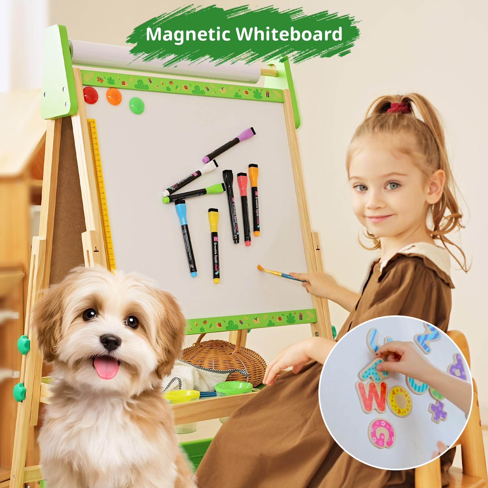Art Easel for Kids Ages 2-4 4-8, Toddler Easel with 3 Paper Roll, Magnetic Whiteboard and Chalkboard, Adjustable Wooden Art Kids Easel for Toddlers 2,3,4,5,6,7,8,9,10 Years Old Boys & Girls, Green
