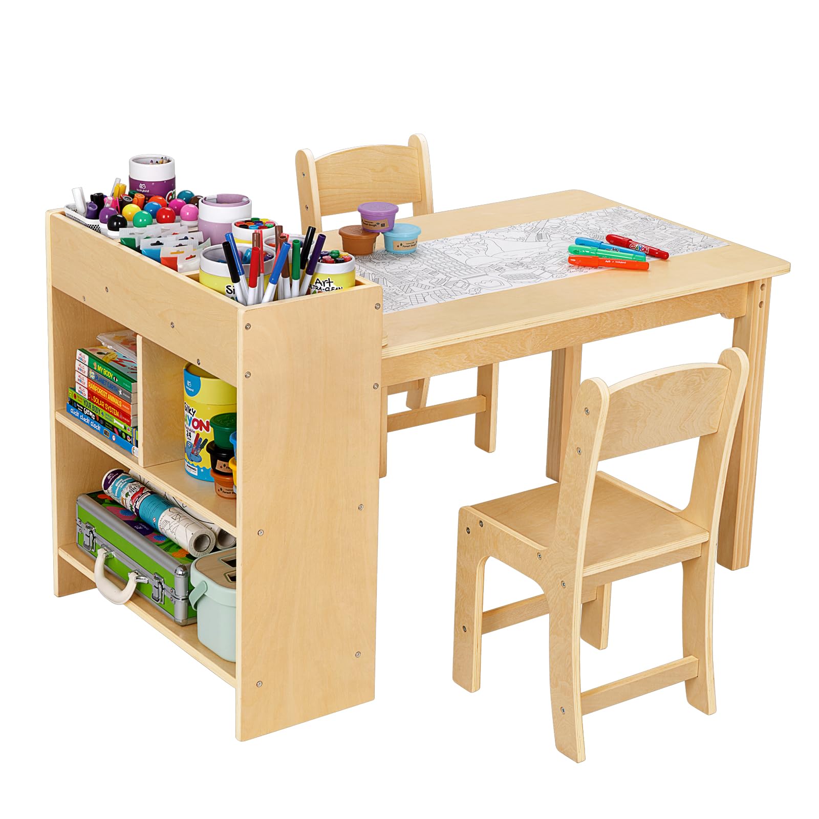 Kids Art Table and 2 Chairs, Toddler Activity Table with Large Storage Shelves
