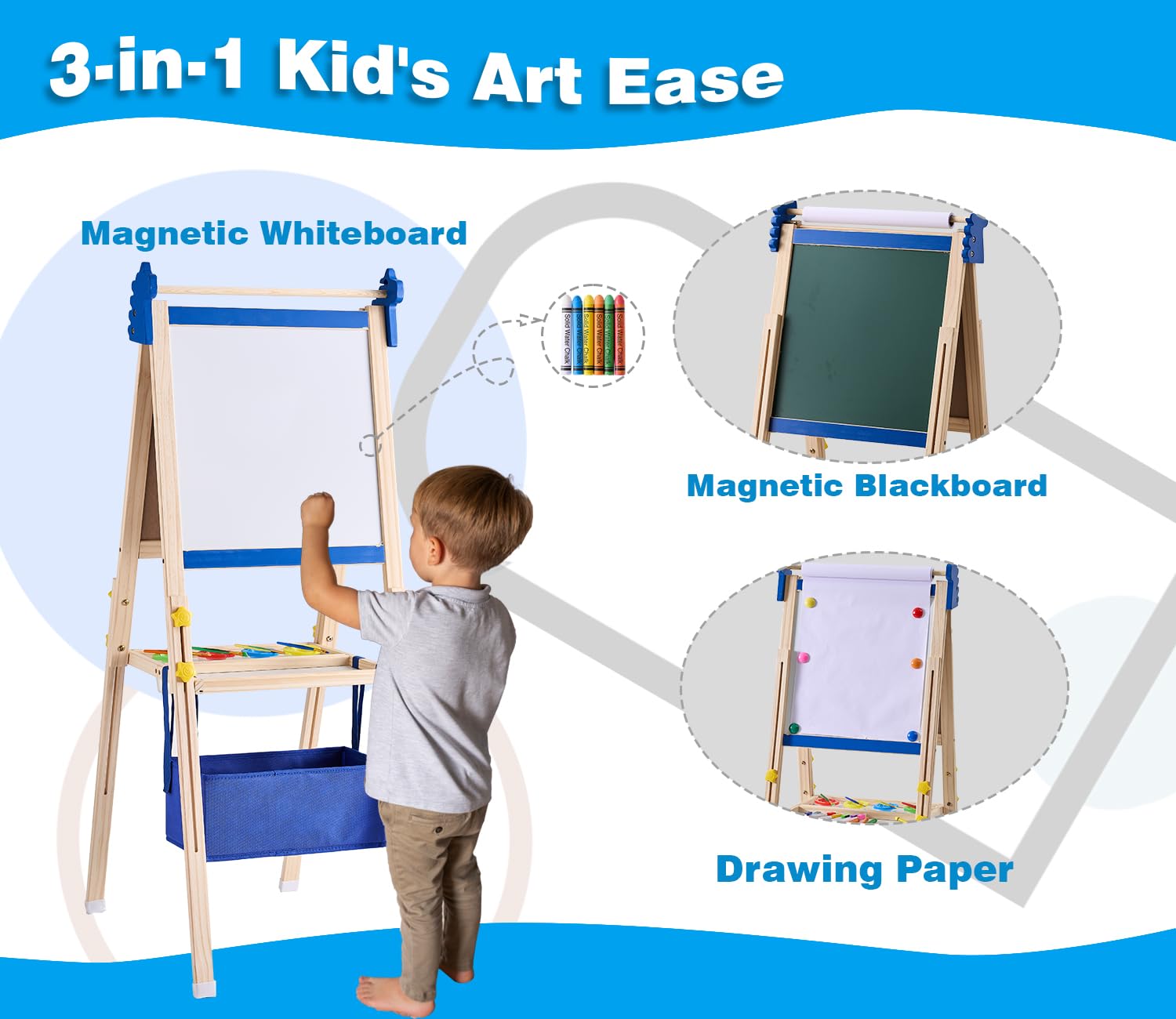 Art Easel for Kids - Adjustable Wooden Double-Sided Magnetic Whiteboard and Chalk Board with Paper Roll, Including 100+ Drawing Accessories - Foldable Painting Birthday Gifts for Boys Girls Ages 3-12