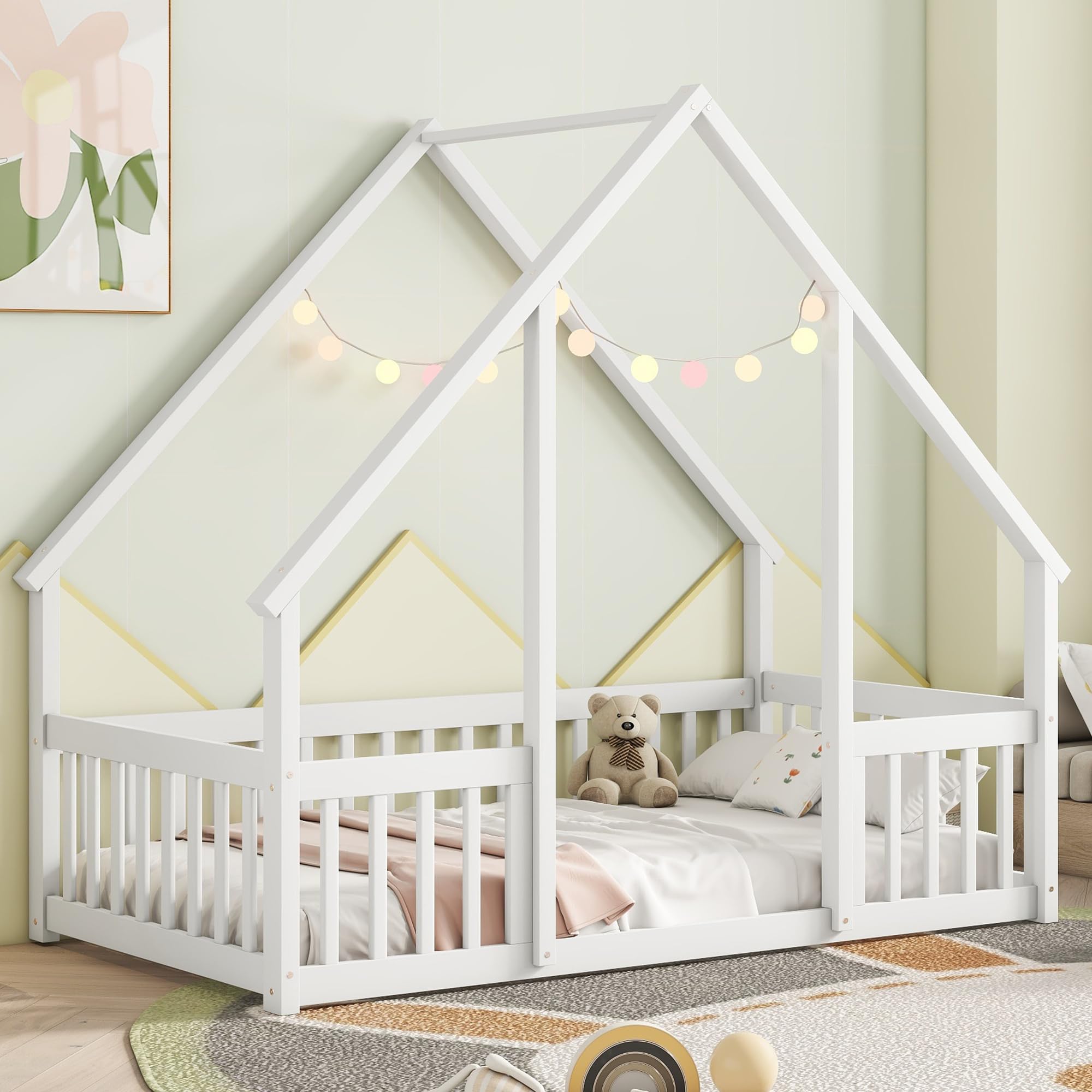 Twin Floor Bed for Kids with House Frame and Fence