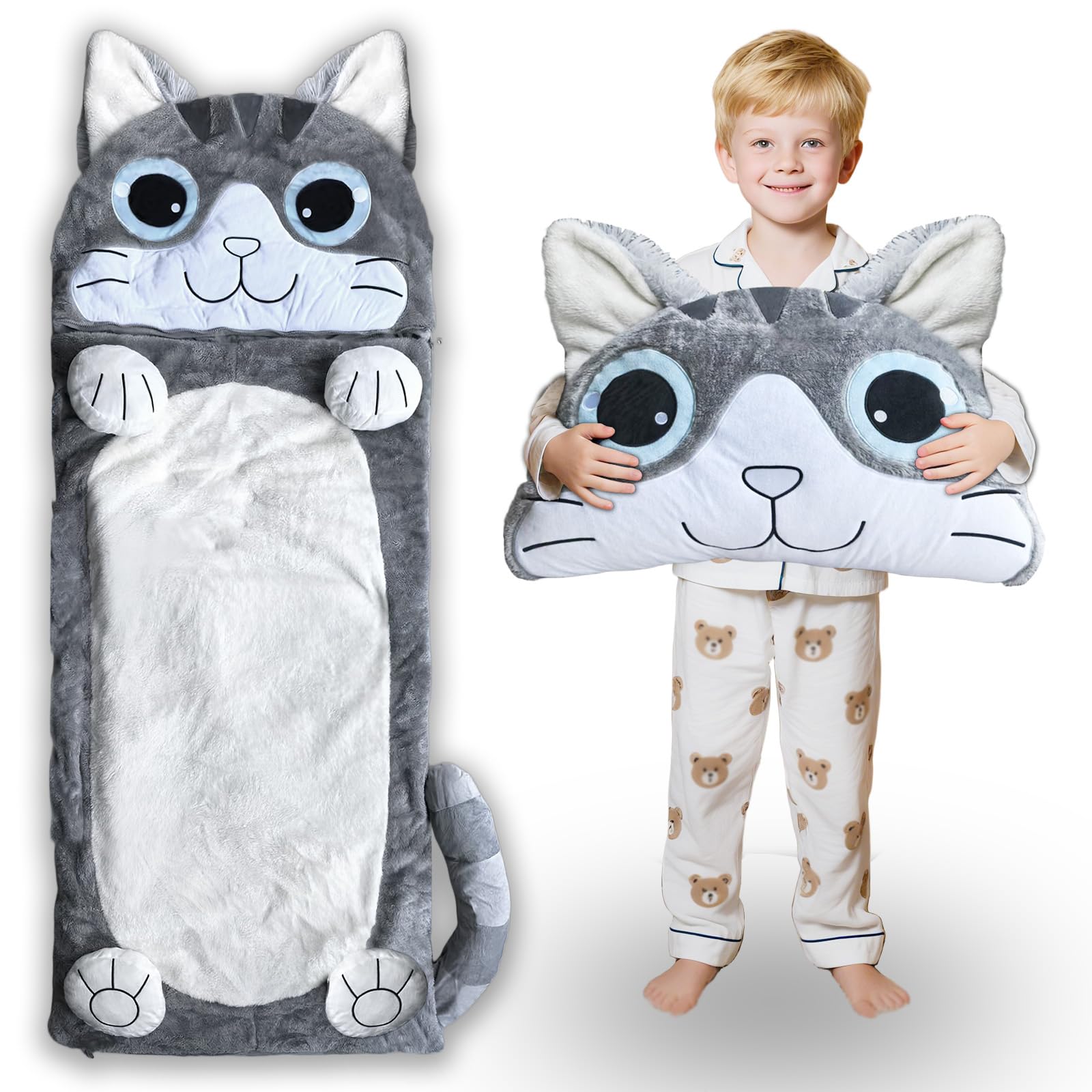 Bag with Pillow - Larger Toddler Nap Mat - Plush Cat Slumber