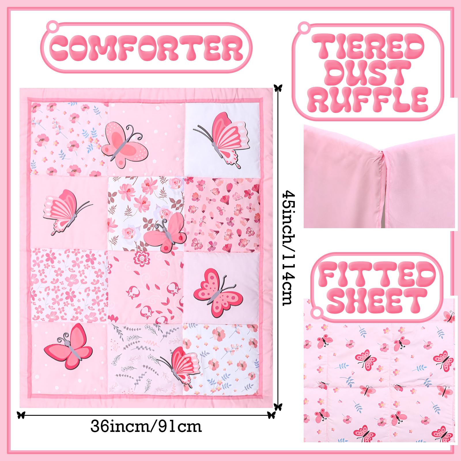 Tudomro 3 Pieces Butterfly Nursery Crib Bedding Set for Girls, Standard Size Bedding Sets with Comforter Fitted Sheet Crib Skirt(Pink)