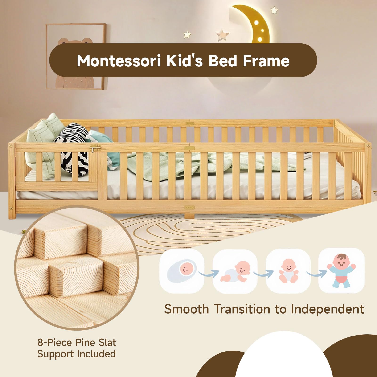 Queen Montessori Floor Bed with Rails and Door