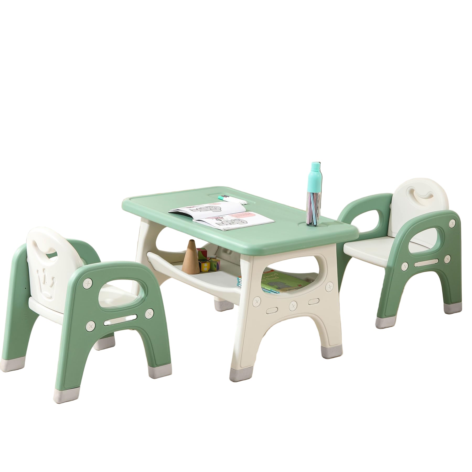 Kids Table and 2 Chairs Set, Toddlers Table and Chairs Set with Large Built-in Storage Shelf