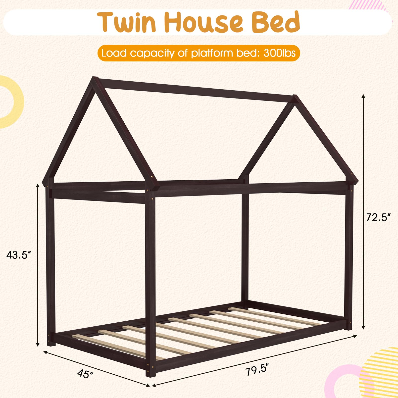 Twin House Bed Frame with Canopy for Kids