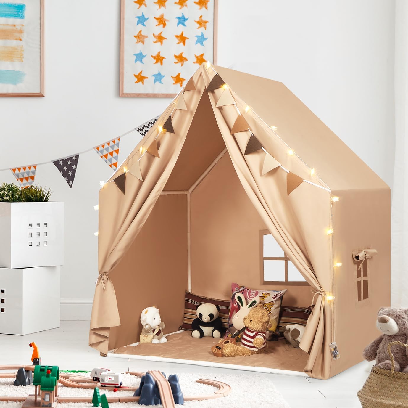 Kids Play Tent with Padded Mat & Star LED Lights for Ages 4-8-10 Year Old Girls Boys