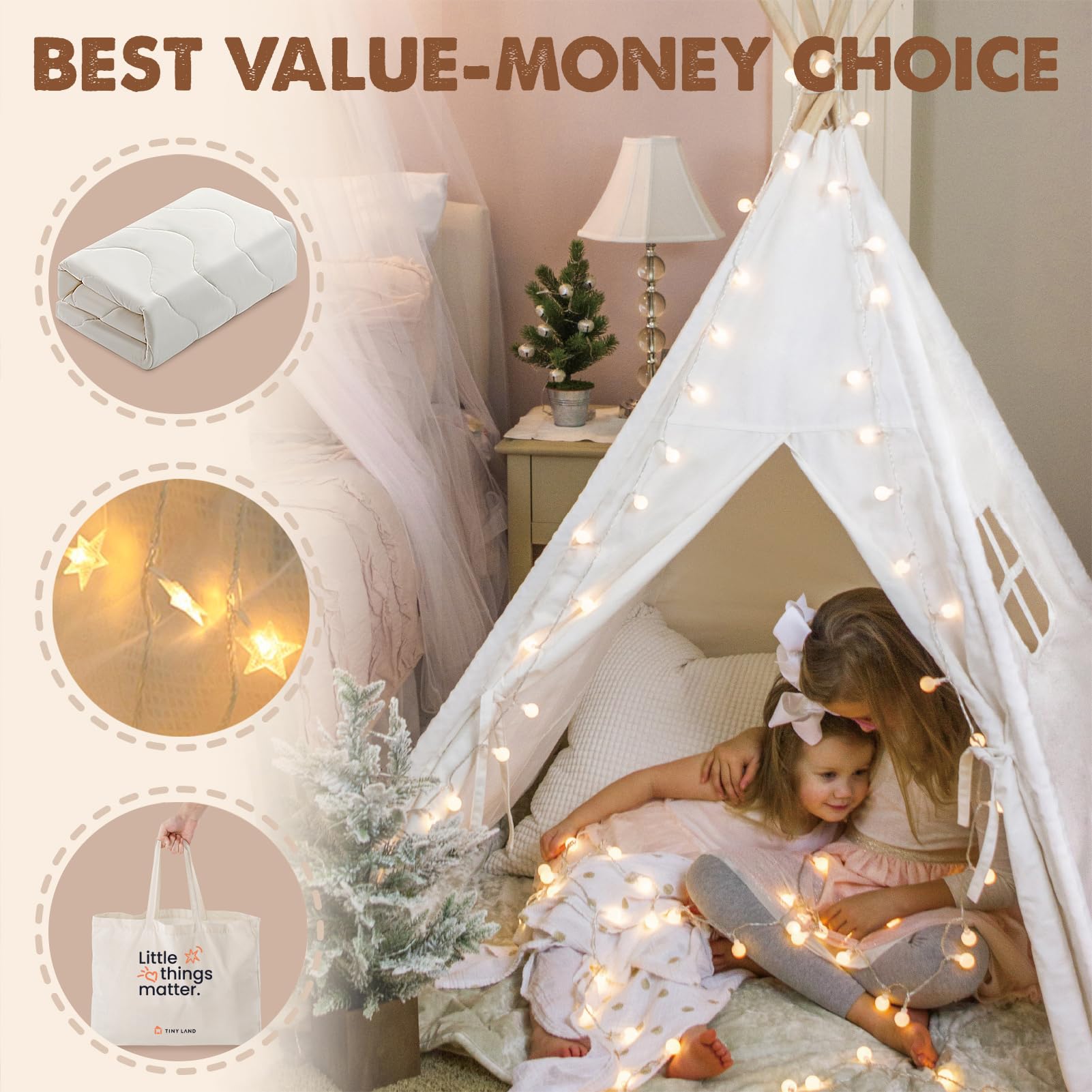 Cotton Teepee Tent for Kids with Mat and Lights