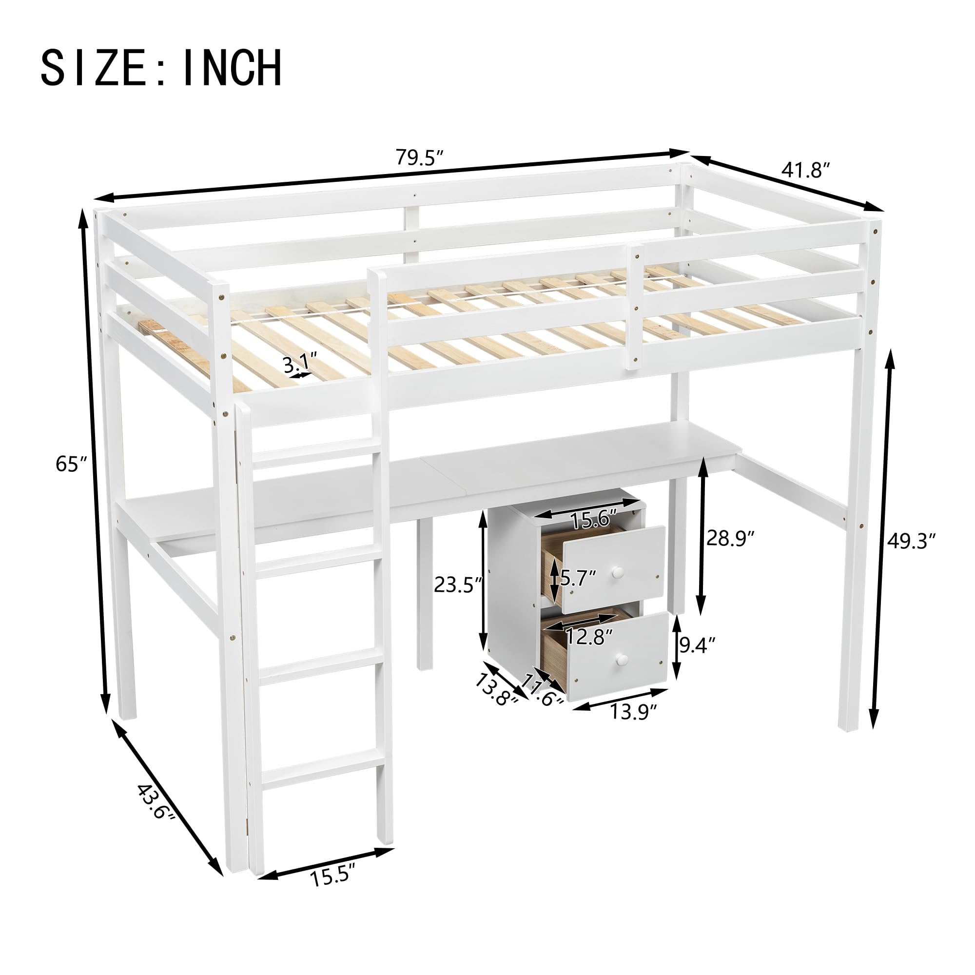 Twin Loft Bed with Desk and Storage Drawers