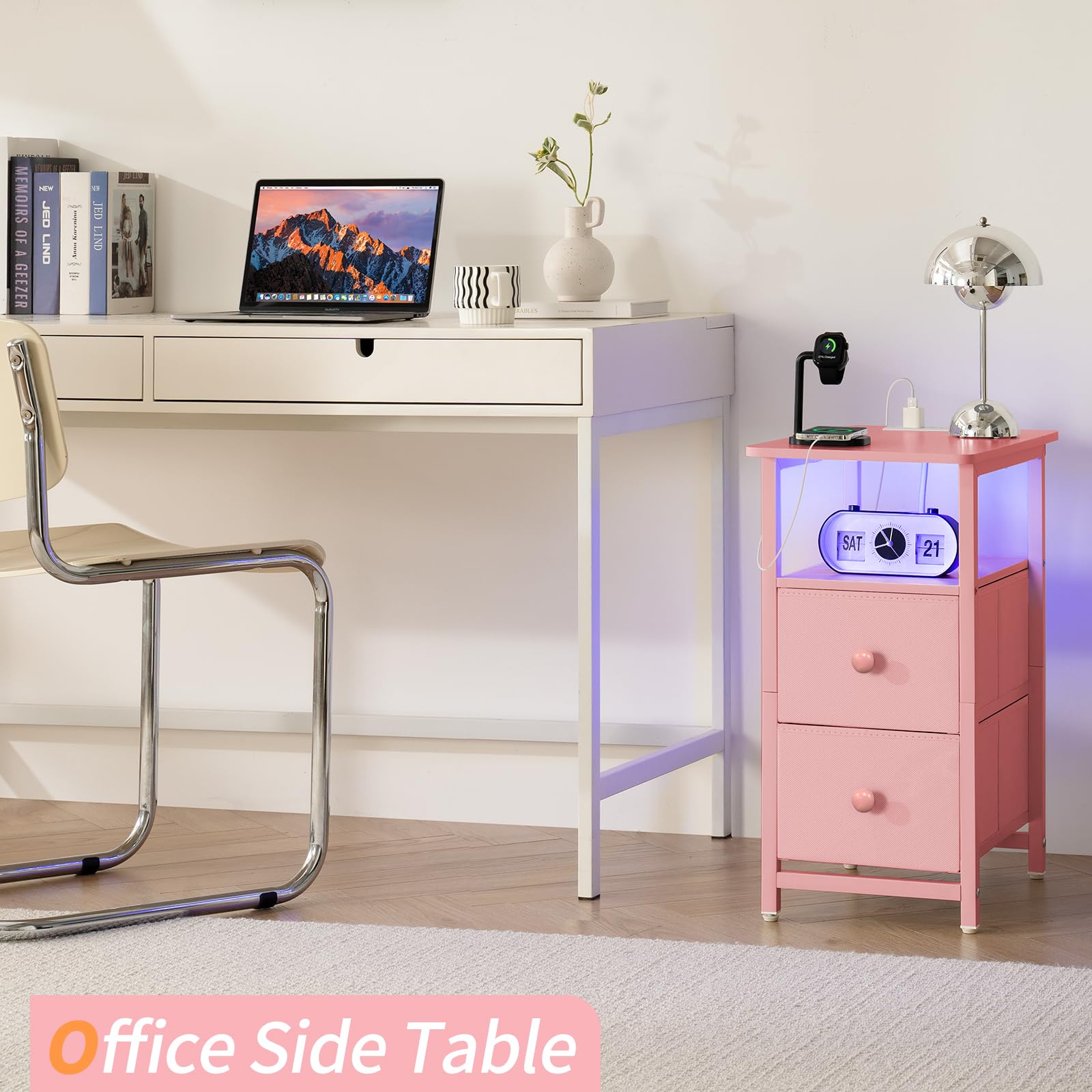 LED Nightstand with Charging Station and Fabric Drawers