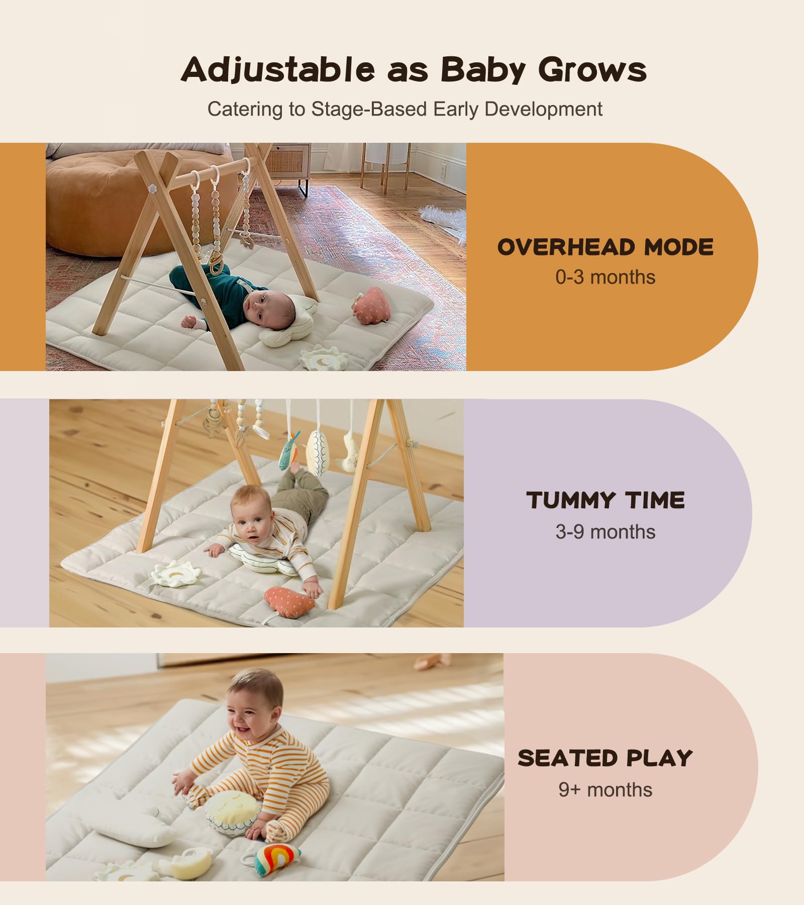 Wooden Play Gym with 9 Sensory Toys, Foldable Baby Play GymFrame