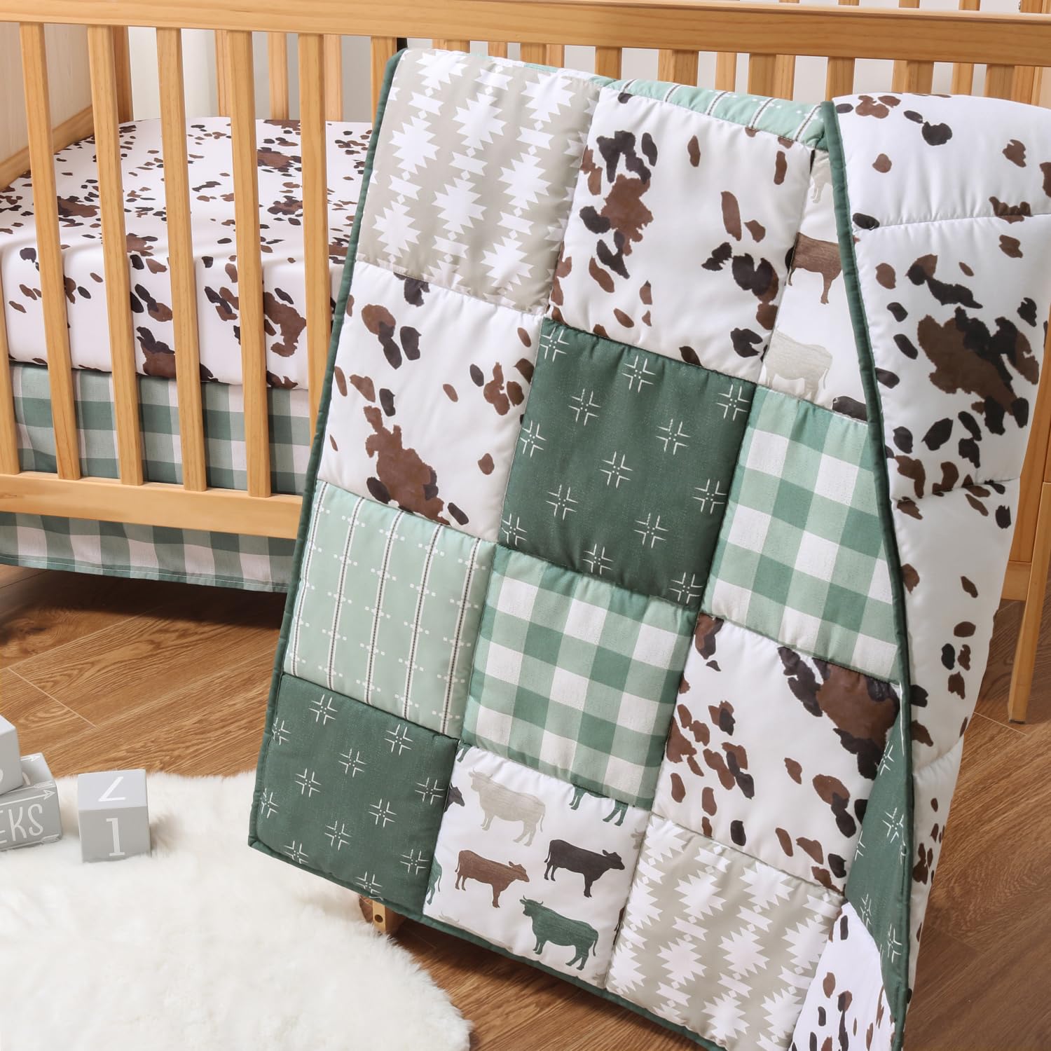 3-Piece Crib Bedding Set - Boho Farmhouse Cow Print
