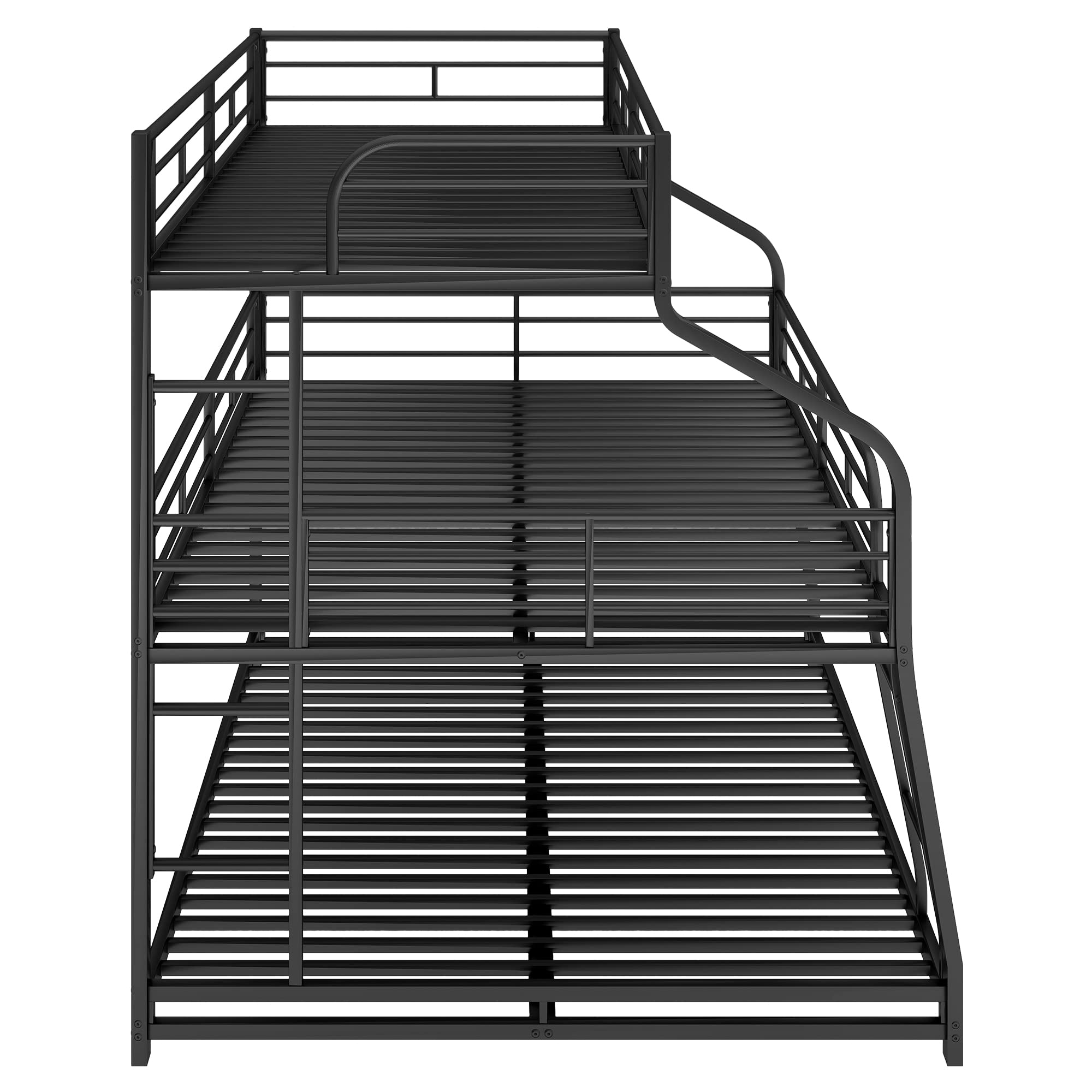 Metal Triple Bunk Bed with Guardrails and Ladder Black