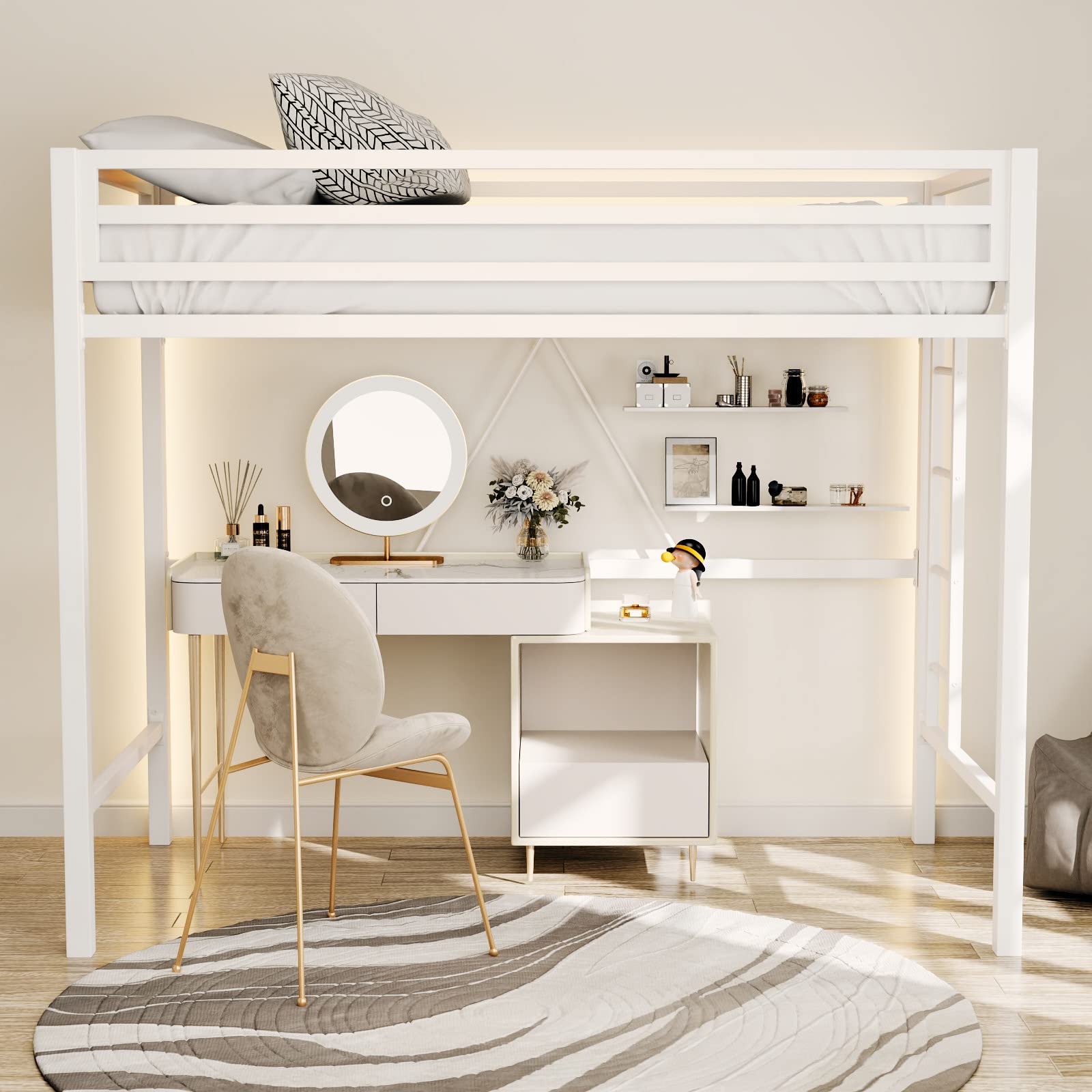 Metal Loft Bed Twin Size with Safety Guardrail and Ladder