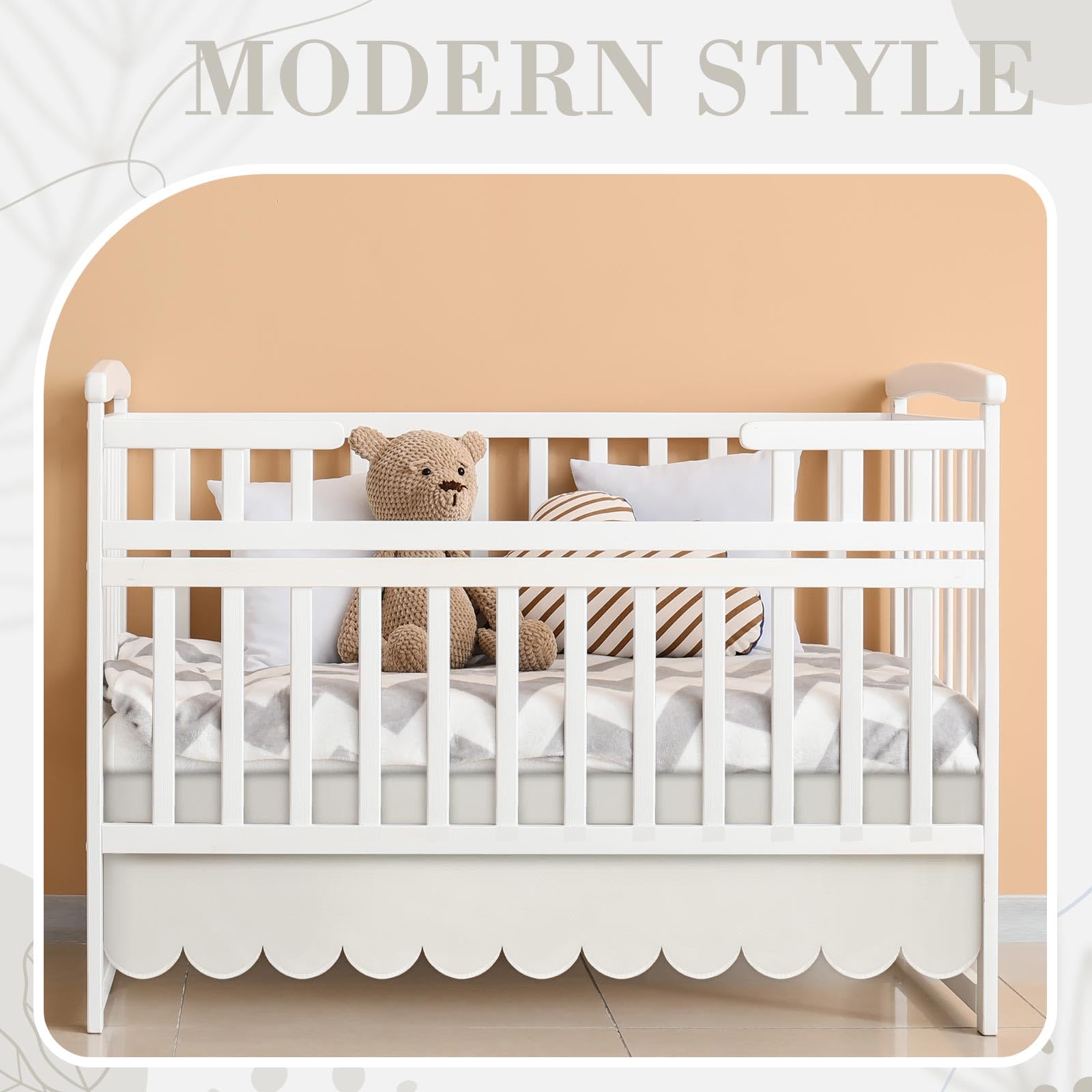 Hahafelt Scalloped Crib Skirt 28"x 52" with Drop Pleated Dust Ruffle with Split Corners for Baby Boys Girls Soft 4-Sided Crib Bed Skirt Nursery Standard Toddler Bedding(14" Drop,Beige)