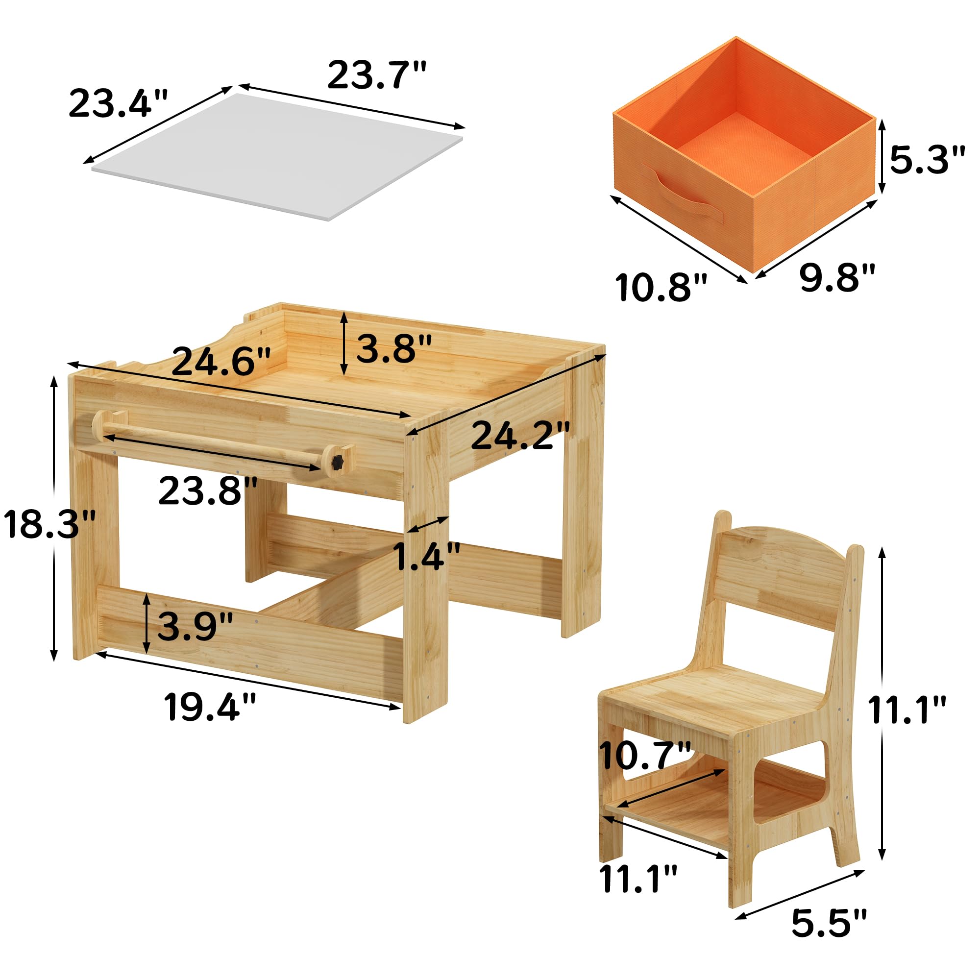 Solid Wood Kids Table and Chair Set with Storage