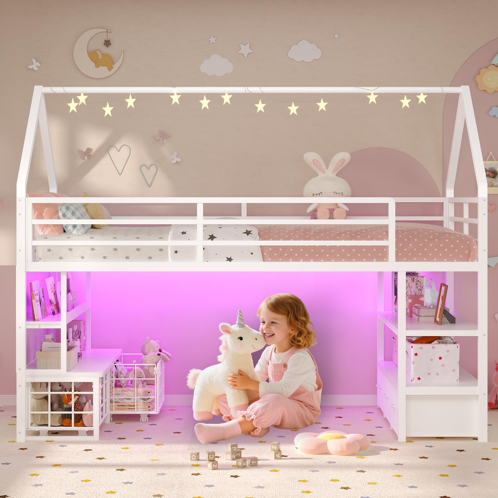 Twin Loft Bed with Storage Drawers and LED Lights