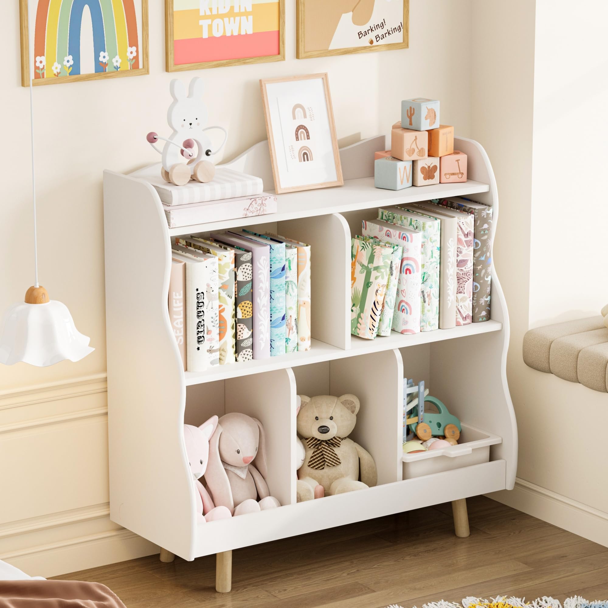 Kids Bookshelf and Toy Storage Organizer with Curved Design