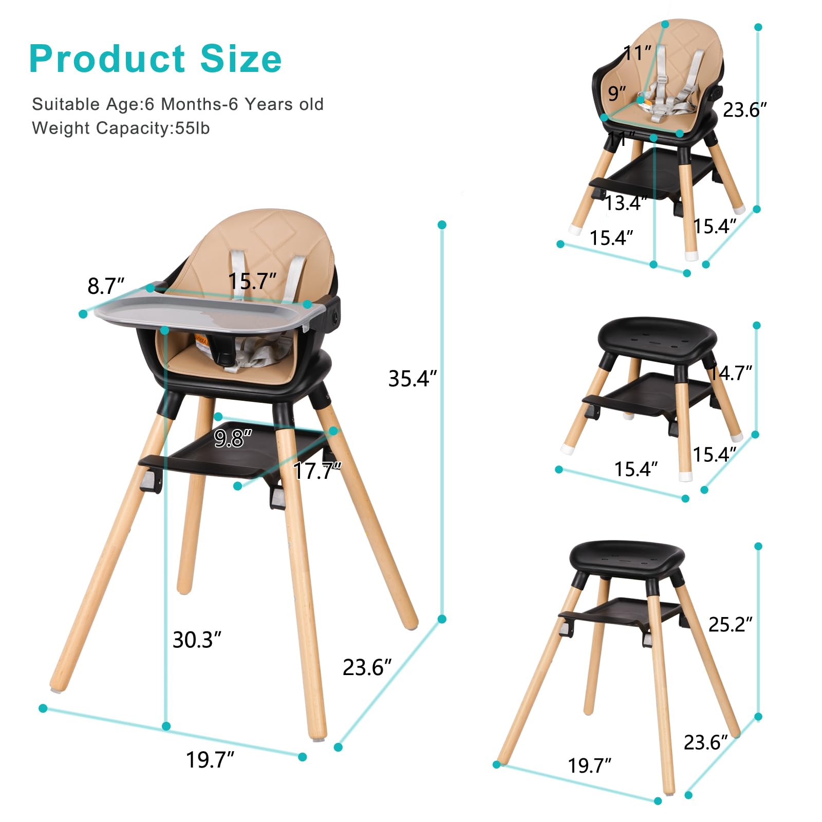 6-in-1 Wooden Convertible High Chair with Reversible Footrest