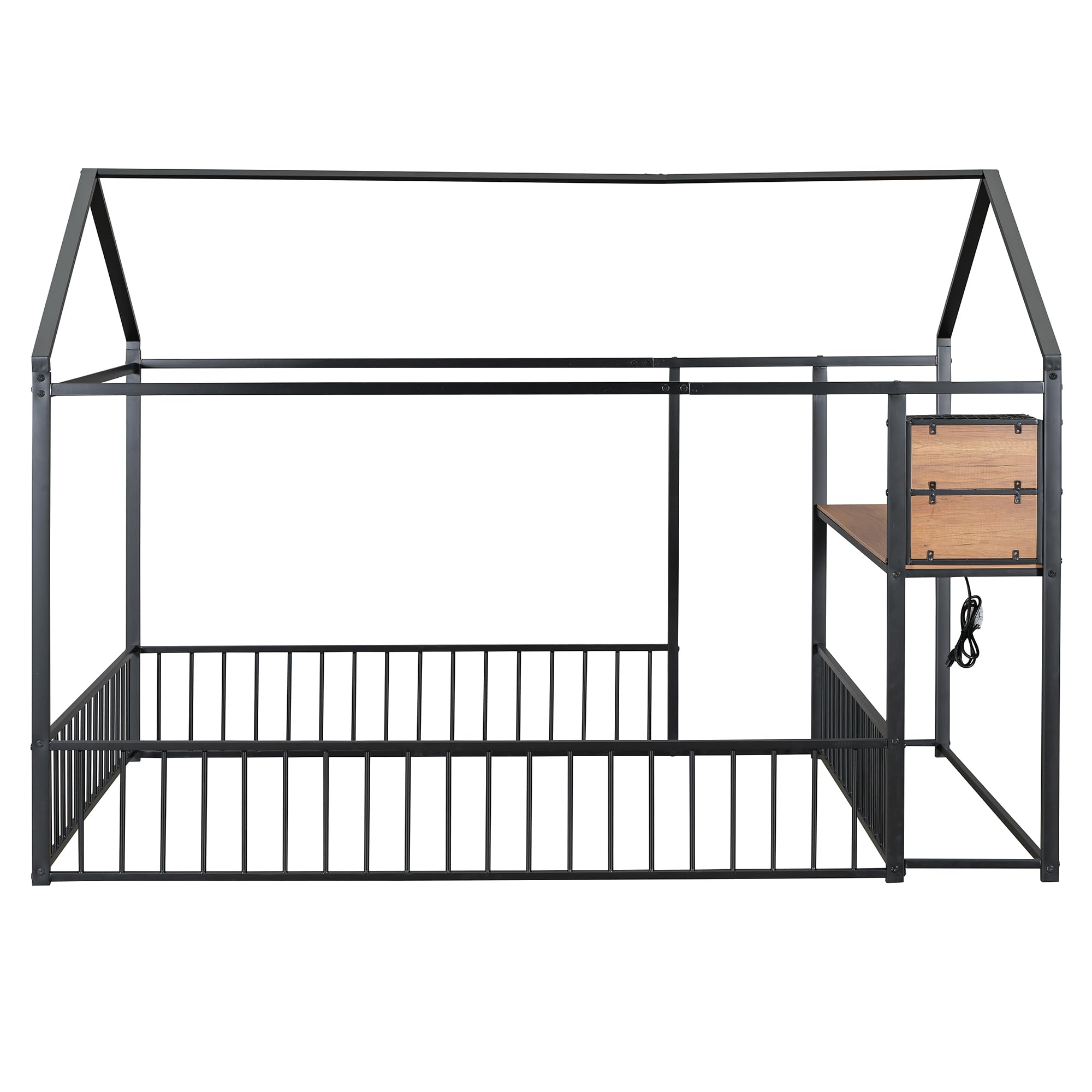 Full Size Metal House Bed with Desk and Guardrails