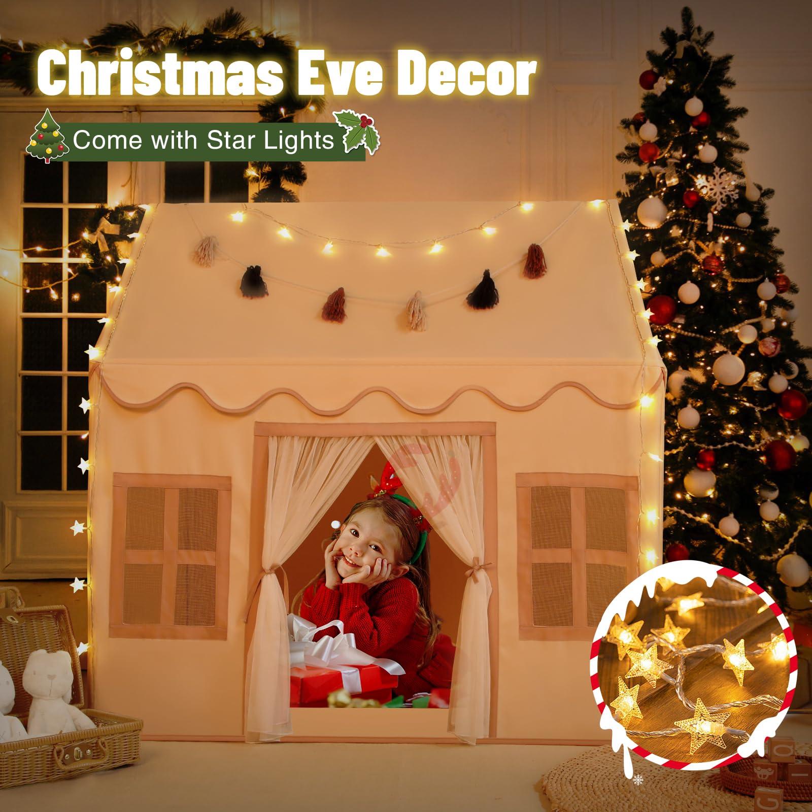 Senodeer Kids Play Tent Indoor: with Mat, Tassel Garland, Star Lights - Toddler Girl Tent Indoor Playhouse for Toddlers Kids Toys for Boy Girl Birthday Gift