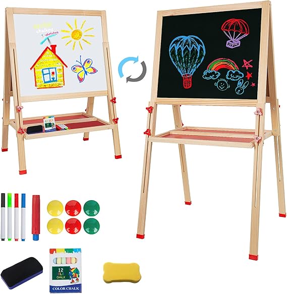 Kids Painting Easel Double Sided Chalkboard & Magnetic Whiteboard Wooden