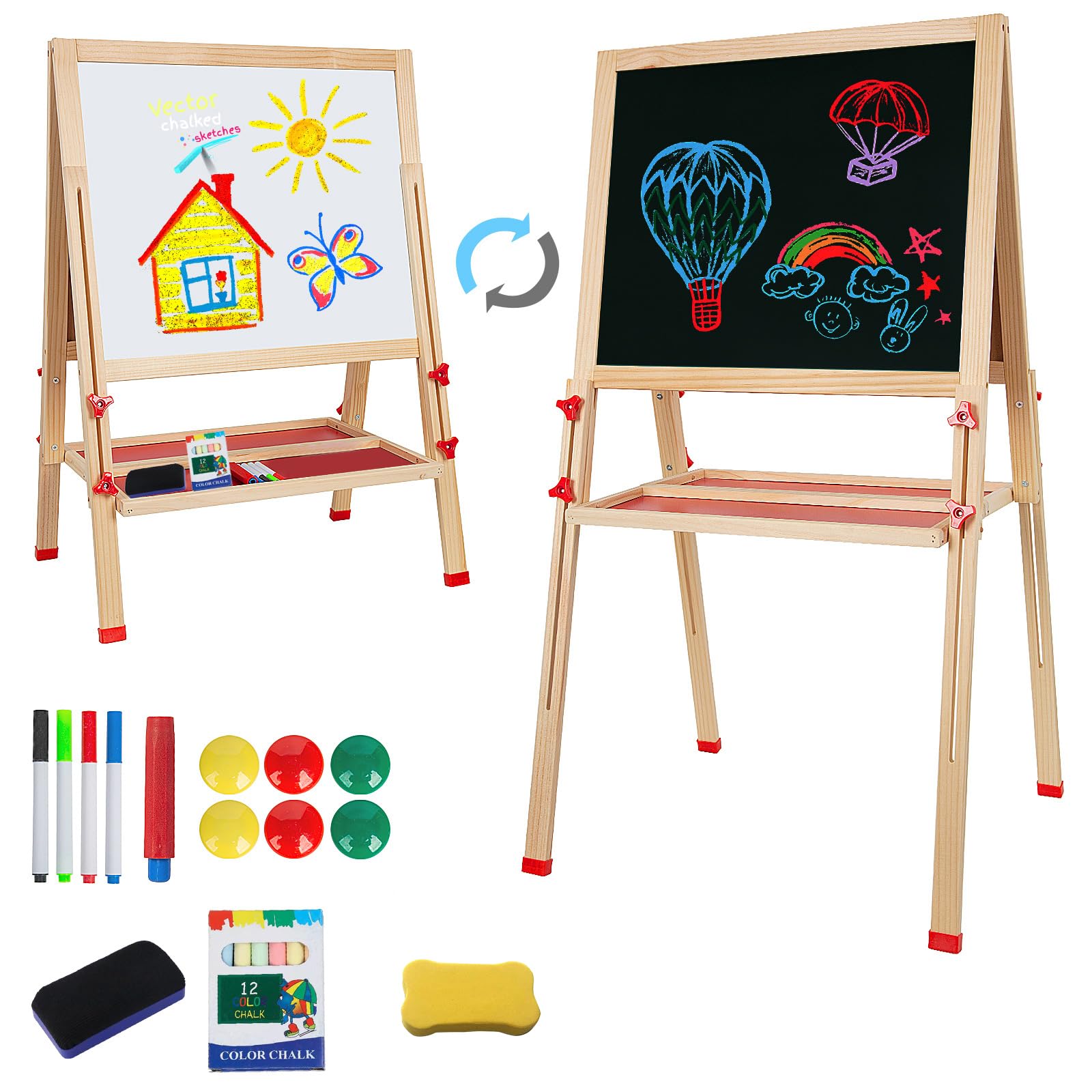 Adjustable Wooden Easel for Kids, Foldable Standing Art Easel for 3, 4, 5, 6, 7, 8 Years Old