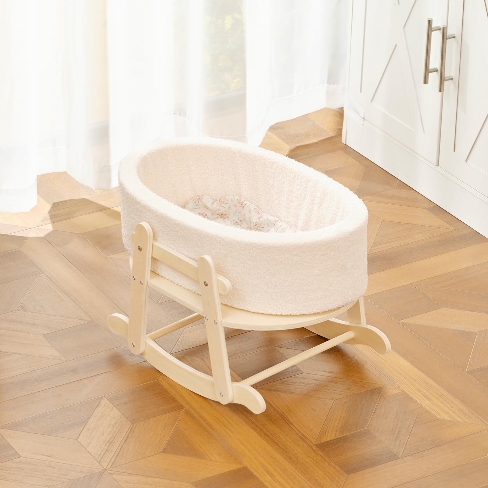 Wooden Doll Bassinet with Boucle Fabric