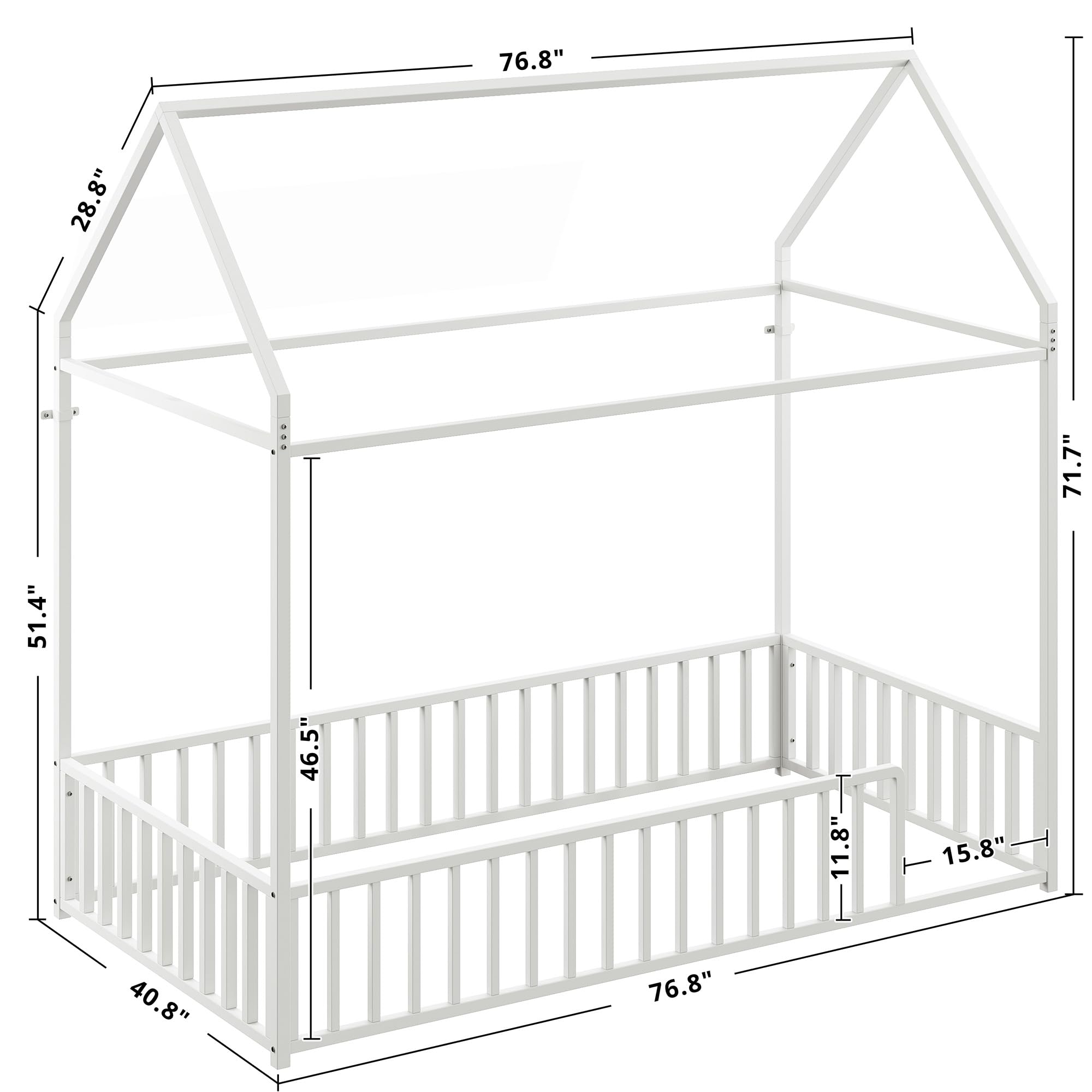 Twin Floor Bed Frame with Guardrails and Roof