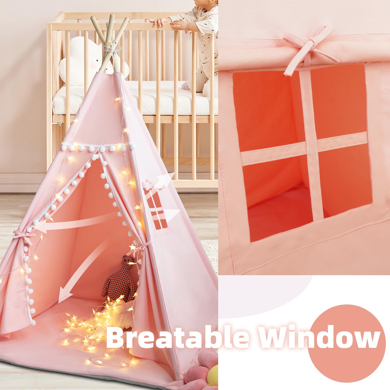 Cotton Canvas Kids Teepee Tent with Mat and Lights