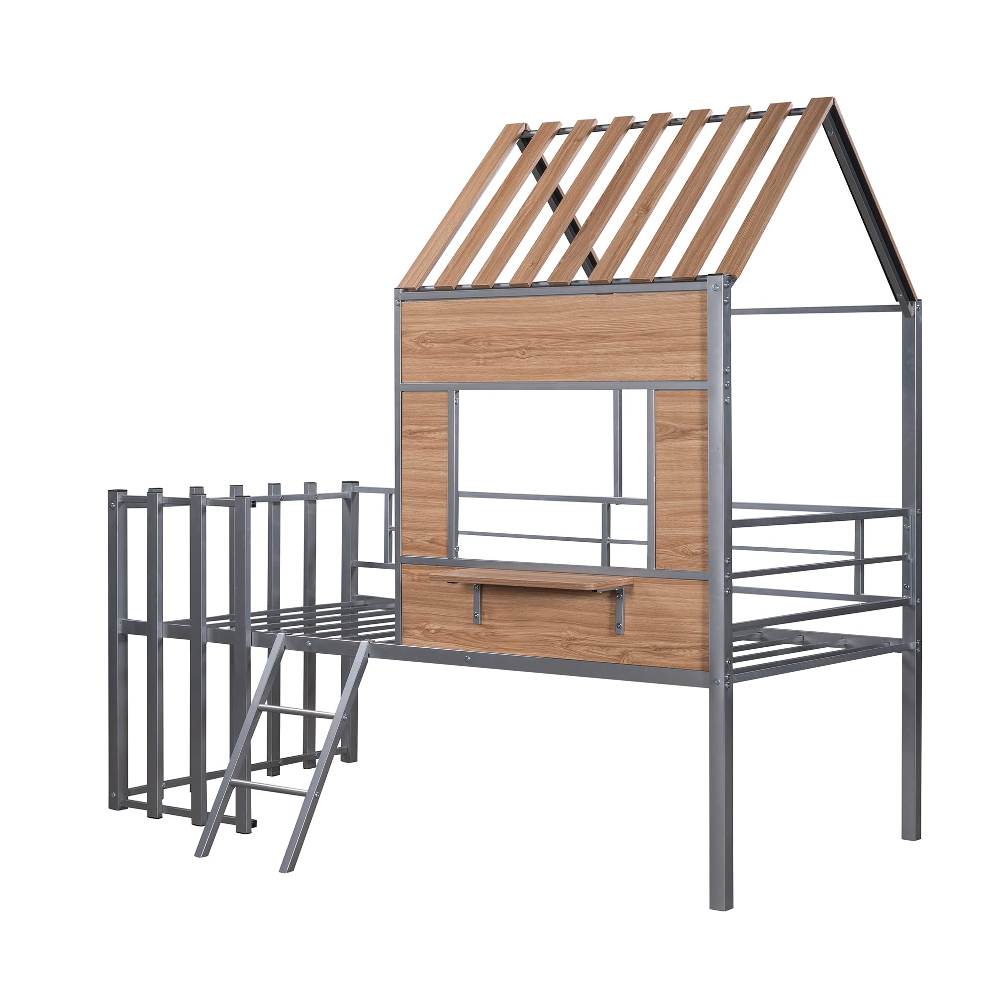 Metal House Loft Bed Twin Size with Guardrail and Ladder