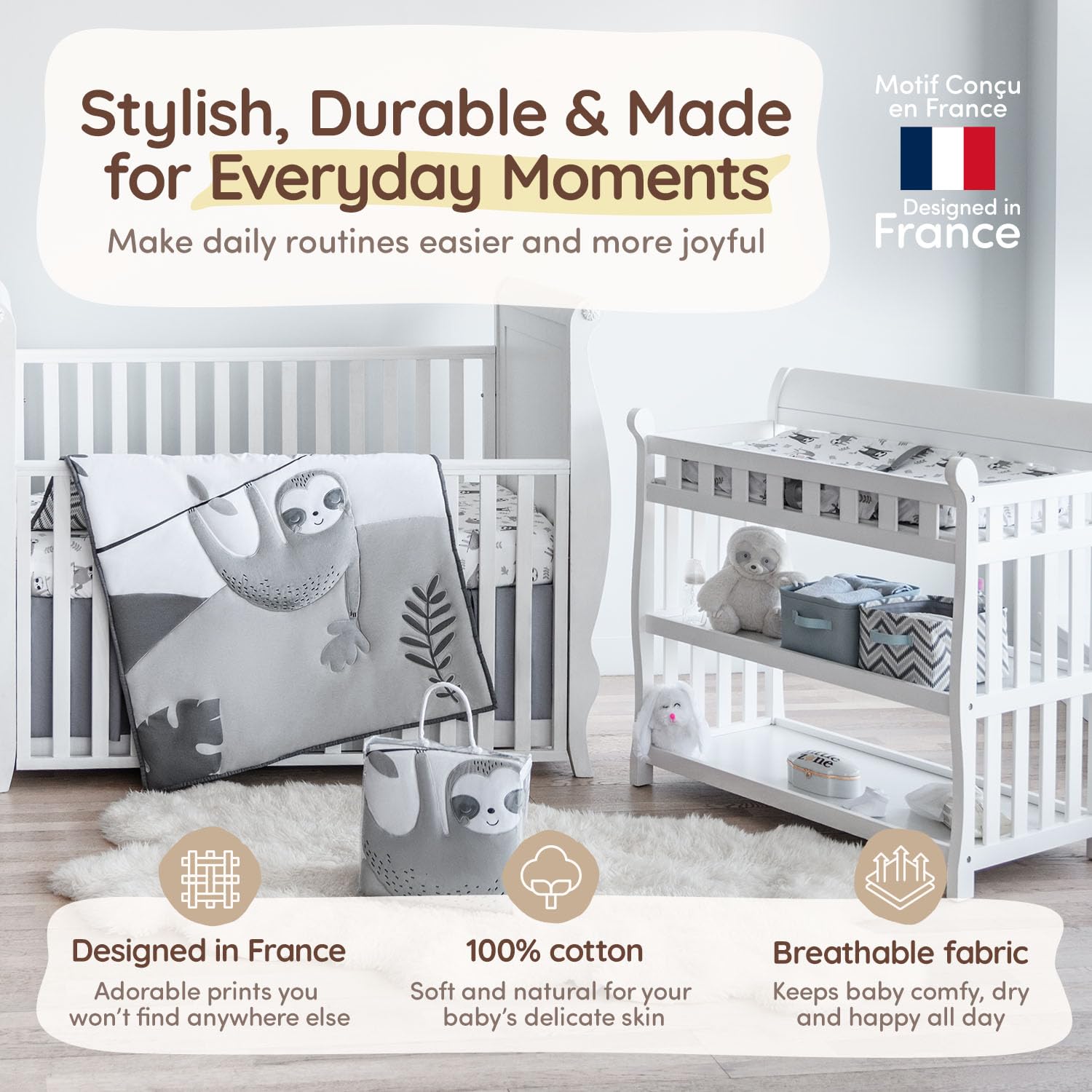 Neutral Baby Crib Bedding Set 5-Piece with Comforter, Fitted Sheets, Skirt & Changing Pad Cover