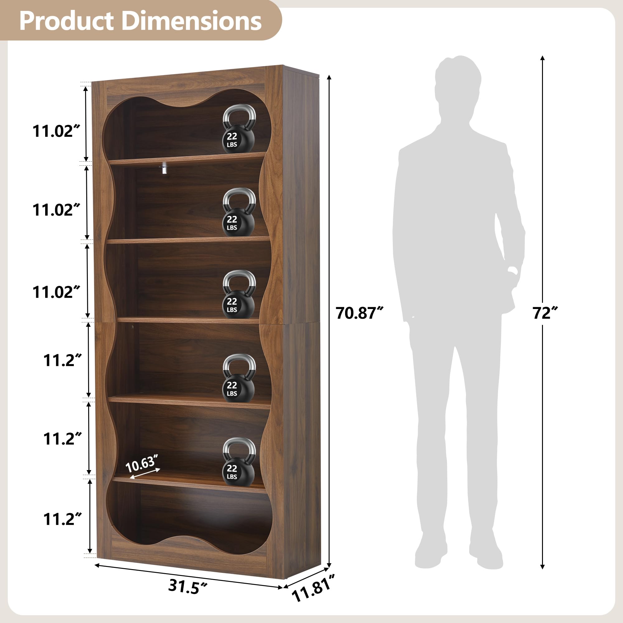 6 Tier Tall Bookshelf Wooden Storage Display Shelves