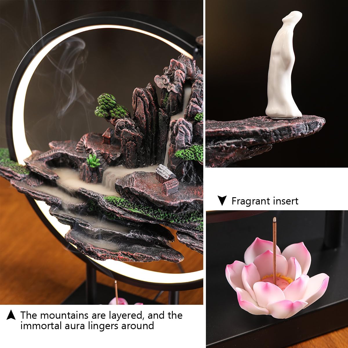 Backflow Incense Waterfall Burner with LED Light