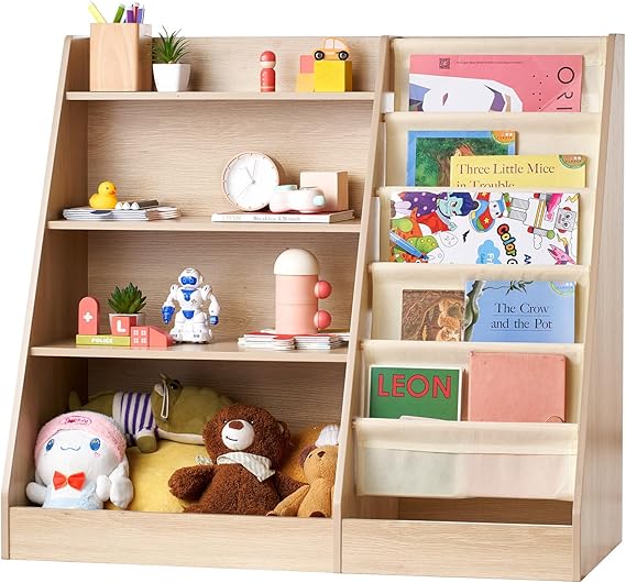 Wood Kid Storage Cubby, Toy Storage Organizer with Bookshelf