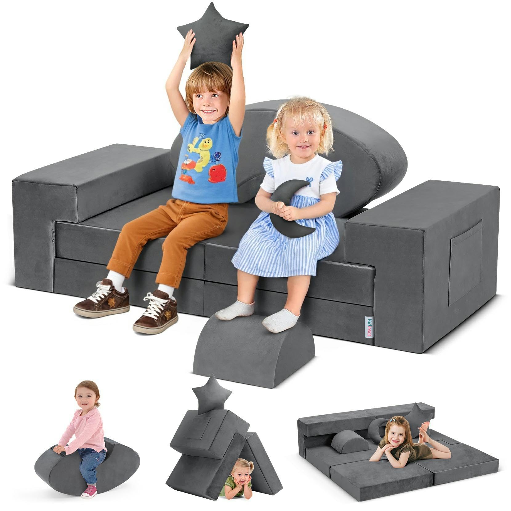 Modular Kids Play Couch with Rocking Horse Cushion and Star Moon Pillows