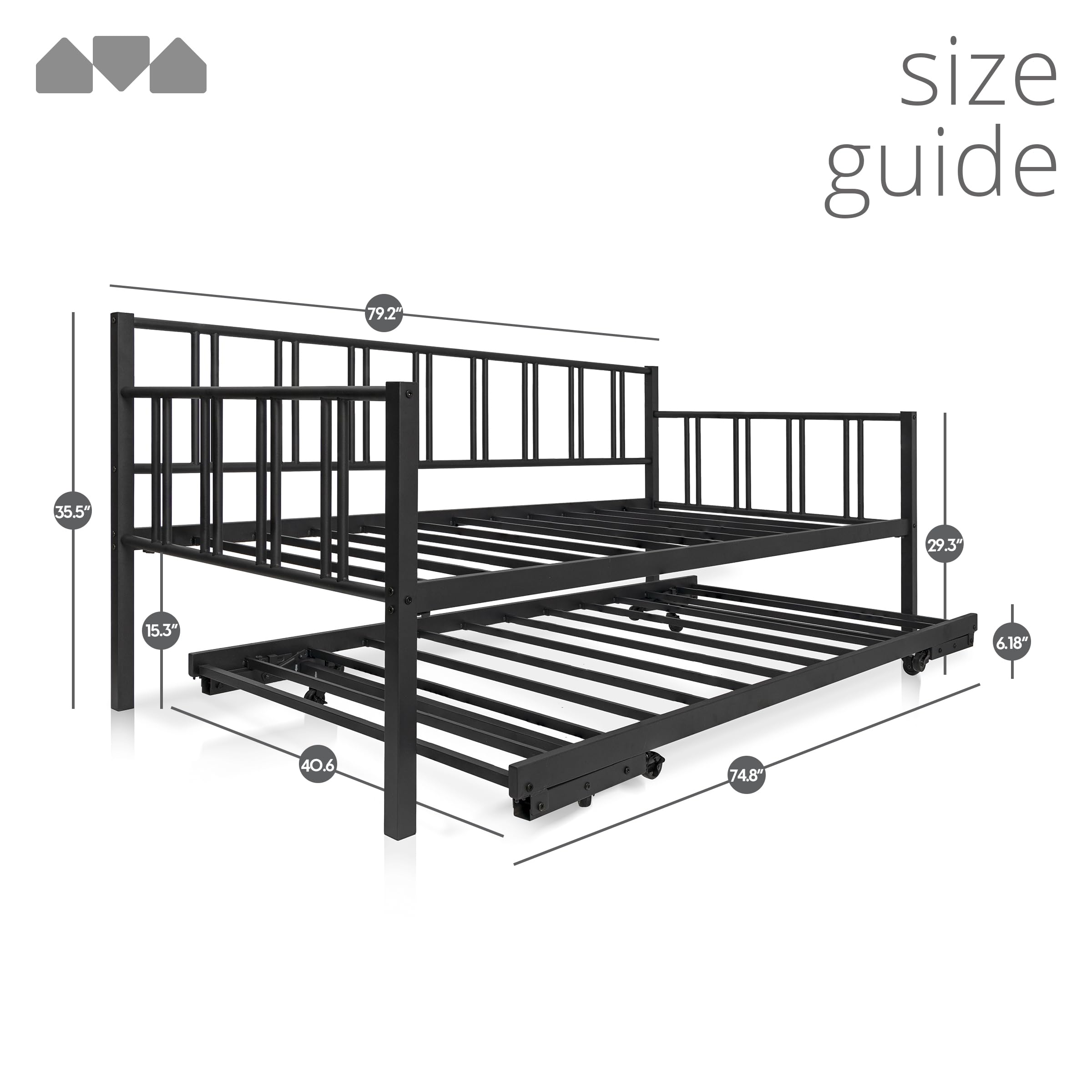 Milliard Twin Daybed with Backrest and Pop-Up Trundle Set, Modern Black Frame – Daybed with Trundle (Mattresses Sold Separately)(Black)
