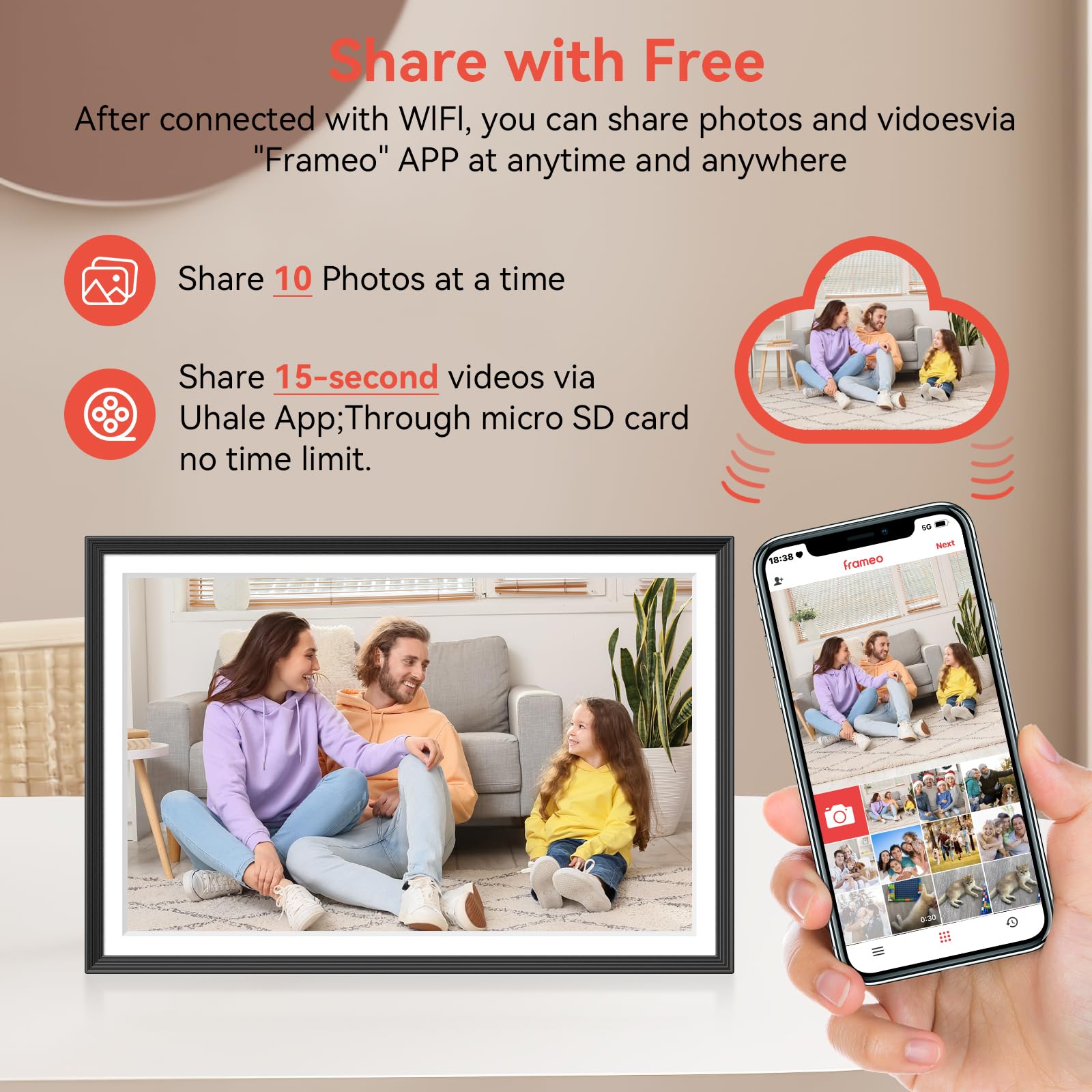 QOCEN Frameo 10.1 inch Digital Picture Frame, Smart WiFi Digital Photo Frame with 32G Memory, HD Touch Screen, Auto-Rotate, Slideshow, Easy Setup, Share Photos and Videos Anywhere