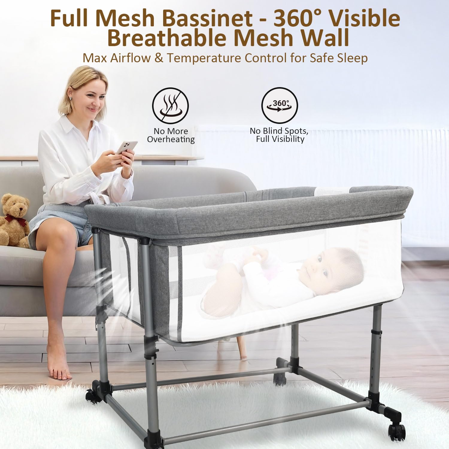 Twin Bassinet for Babies with Wheels and Adjustable Height
