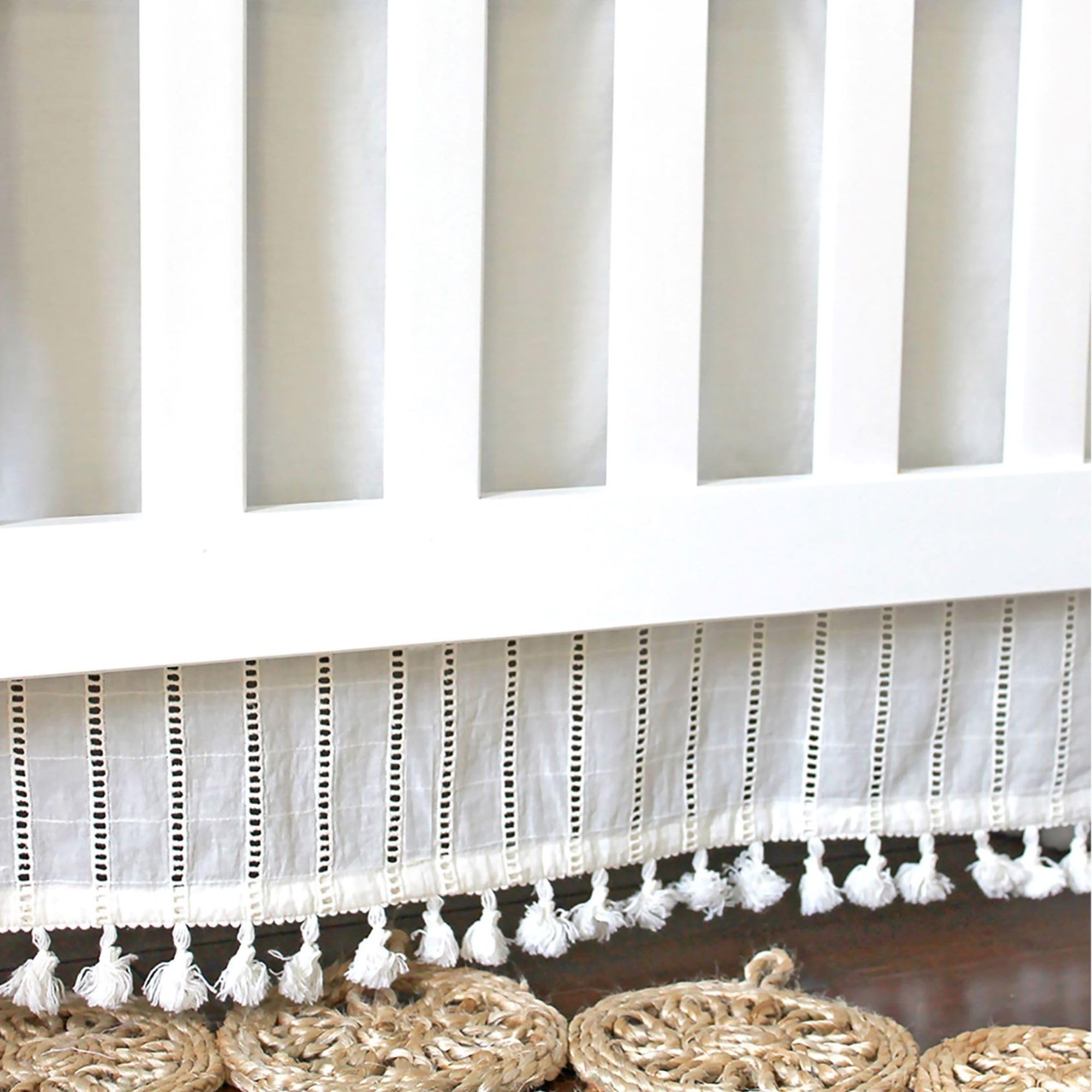 Crane Baby Boho Cotton Baby Crib Skirt with Fringe, White Bed Skirt Fits Standard Cribs, Skirting 28” X 52” X 8”, Off White Neutral Crib Skirts for Nursery