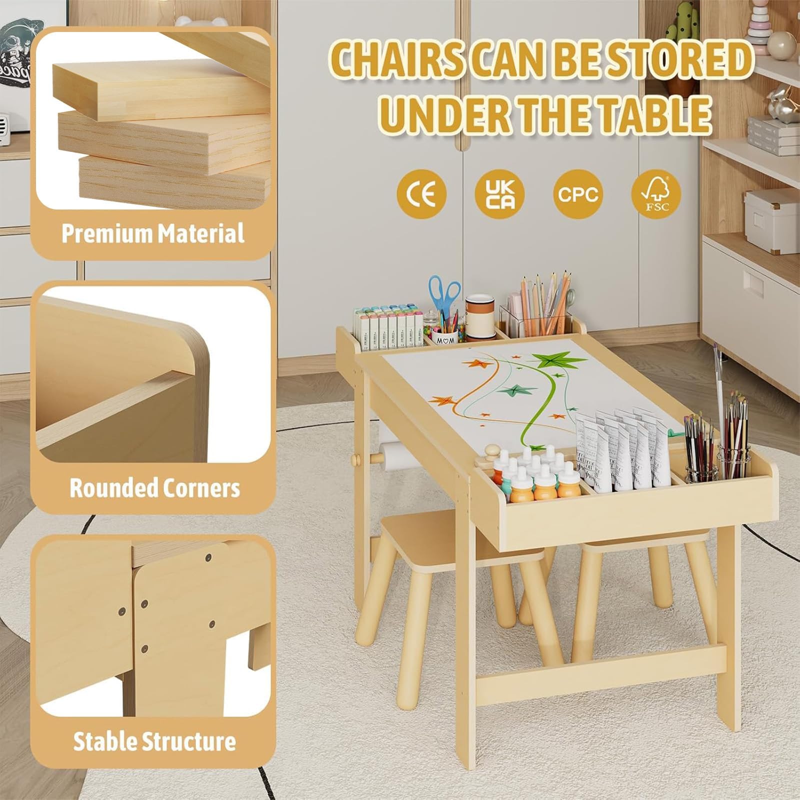 Wooden Kids Art Table and Chairs Set with Storage