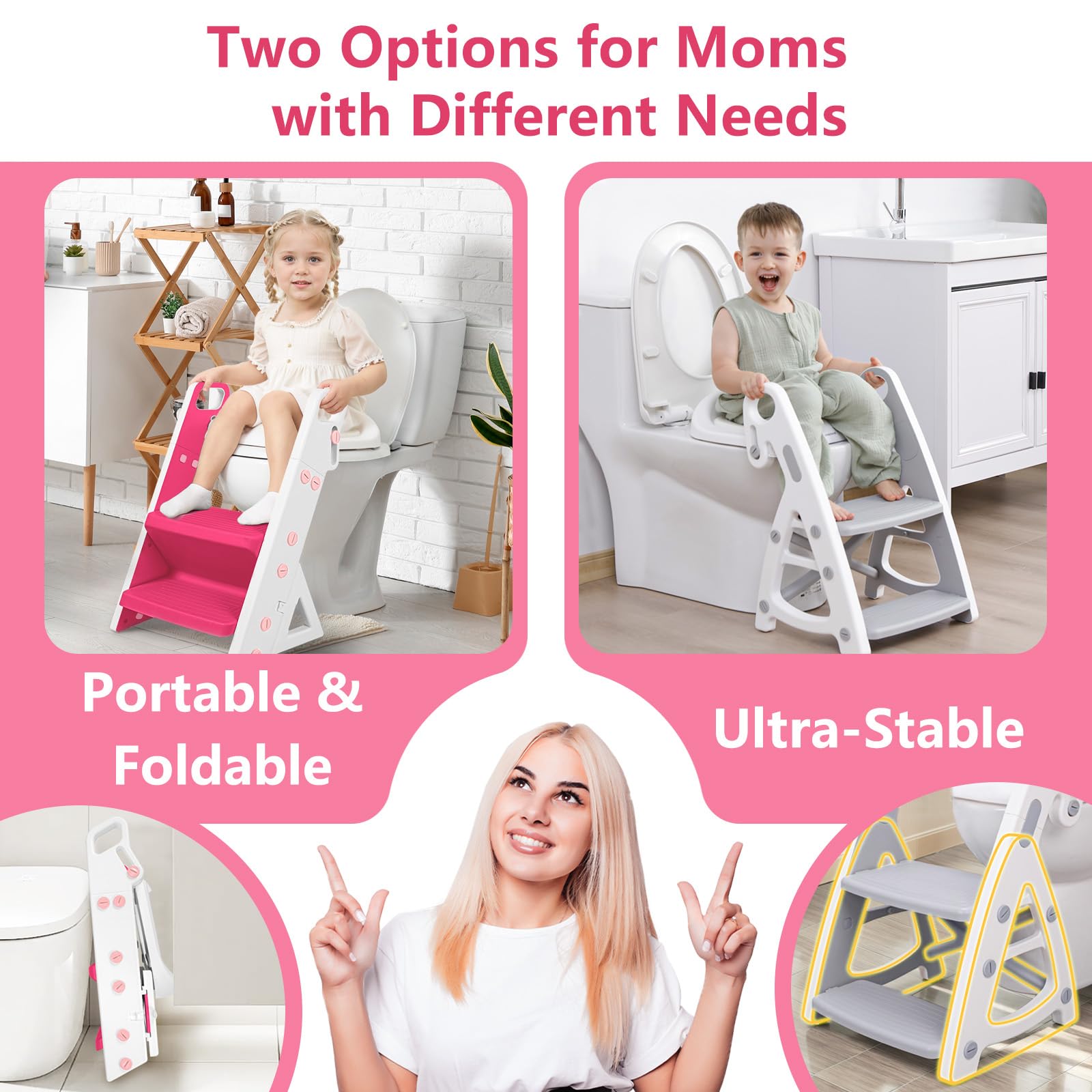 Beavtaens Easy Storage Potty Training Seat with Ladder, Adjustable Step and Toilet Seat Height, Easy-Grip Handles for Climbing, Foldable Portable Toddler Toilet Trainer, Perfect for Small Bathrooms