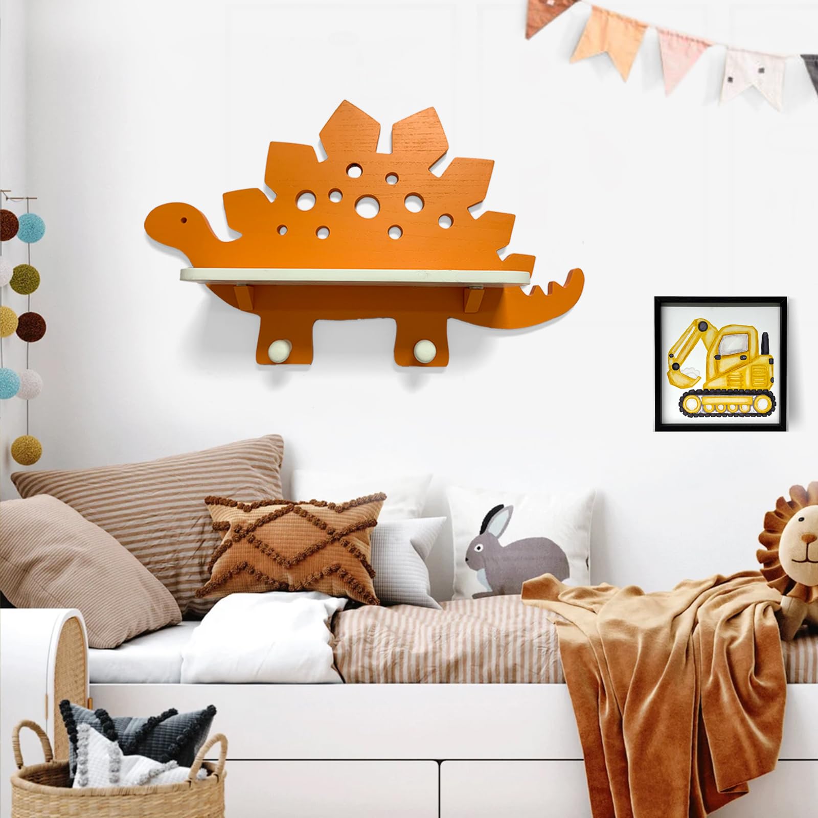 Dinosaur Wooden Wall Shelf Parlor Boudior Children's Decorative Orange Dinosaur Wall Shelf with Hanging Pegs