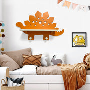 Dinosaur Wooden Wall Shelf Parlor Boudior Children's Decorative Orange Dinosaur Wall Shelf with Hanging Pegs
