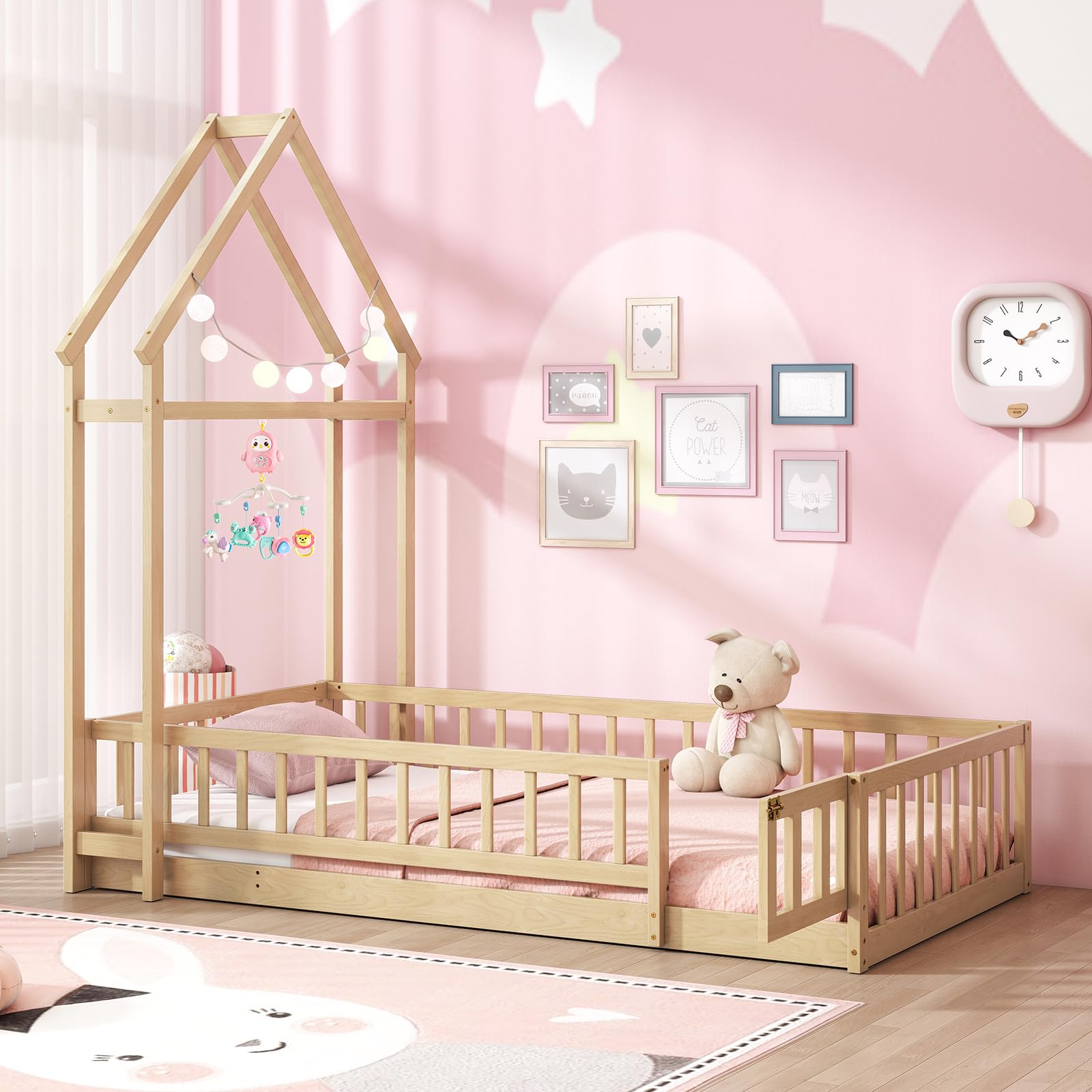 Twin House Floor Bed with Safety Rails and Clothes Hanger