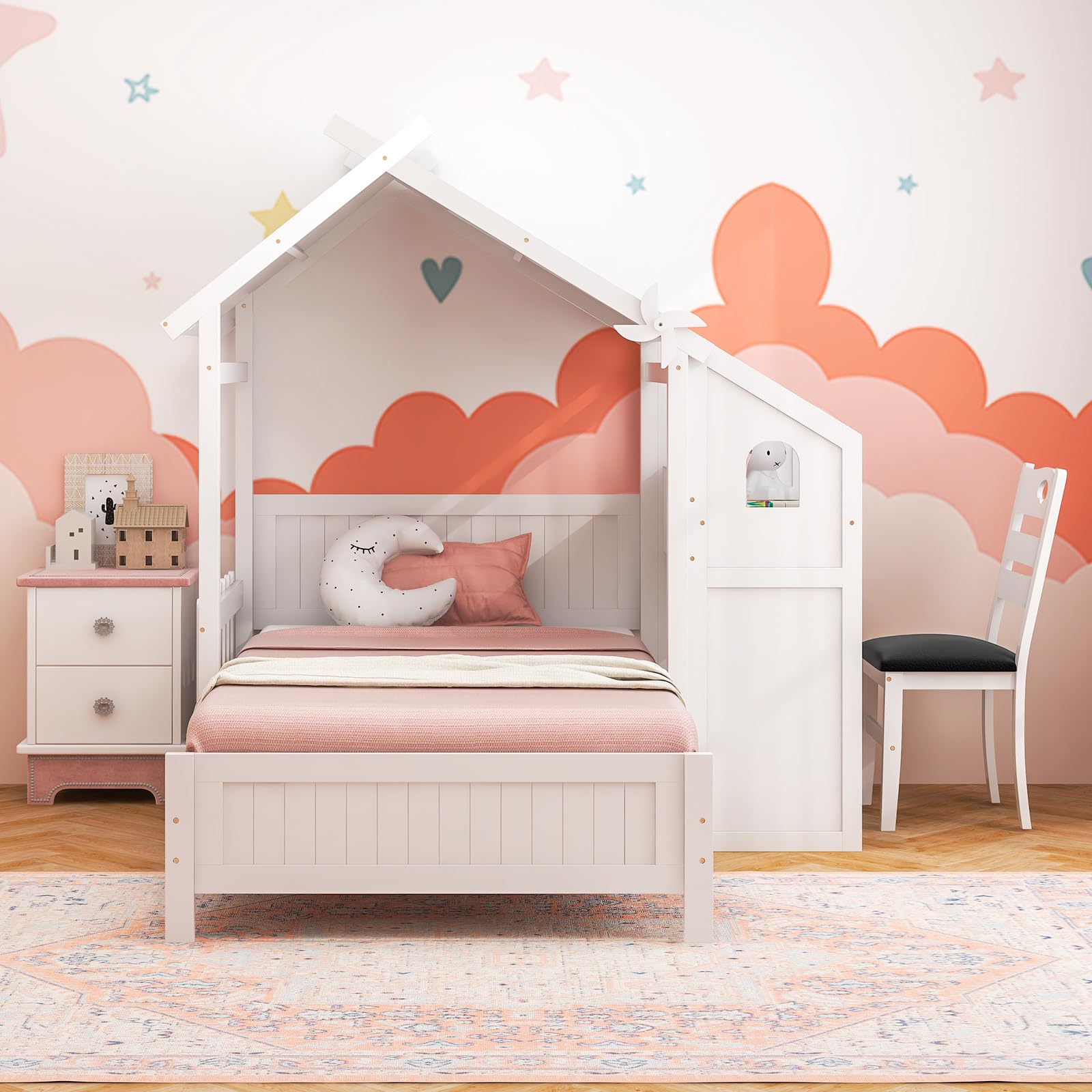 Giantex Twin House Bed with Desk & Chair, Wood Kids Playhouse Bed with 2 Drawers, Windmill, Fence & Headboard, Twin House Bed for Kids Teens, No Box Spring Needed, White