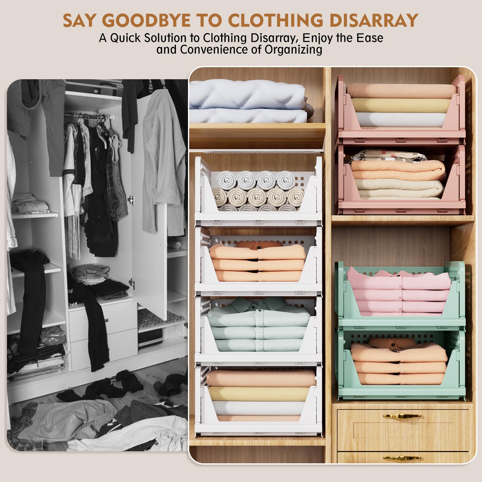 Stackable Closet Storage Basket - 5 Pack Foldable Organizer Bins
